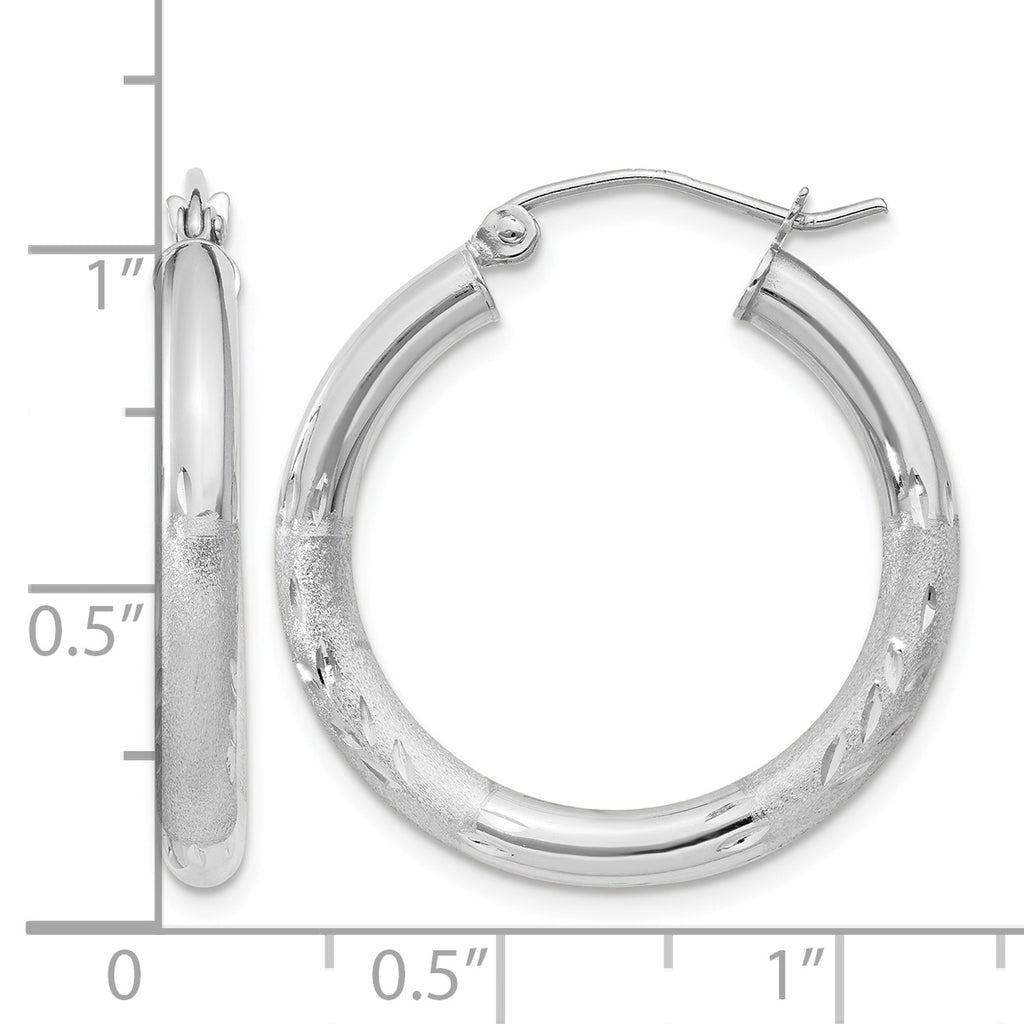 Round Hoop Earrings in 10K White Gold, 3x20mm Satin & Diamond-Cut - Sophia Jewelers