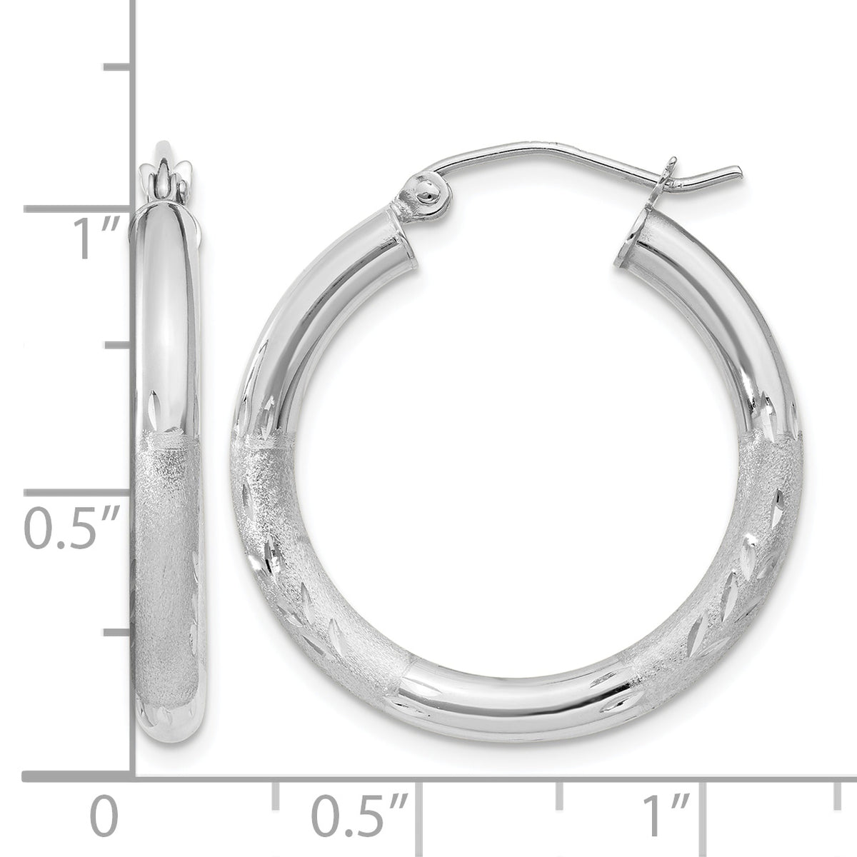 Round Hoop Earrings in 10K White Gold, 3x20mm Satin & Diamond-Cut - Sophia Jewelers