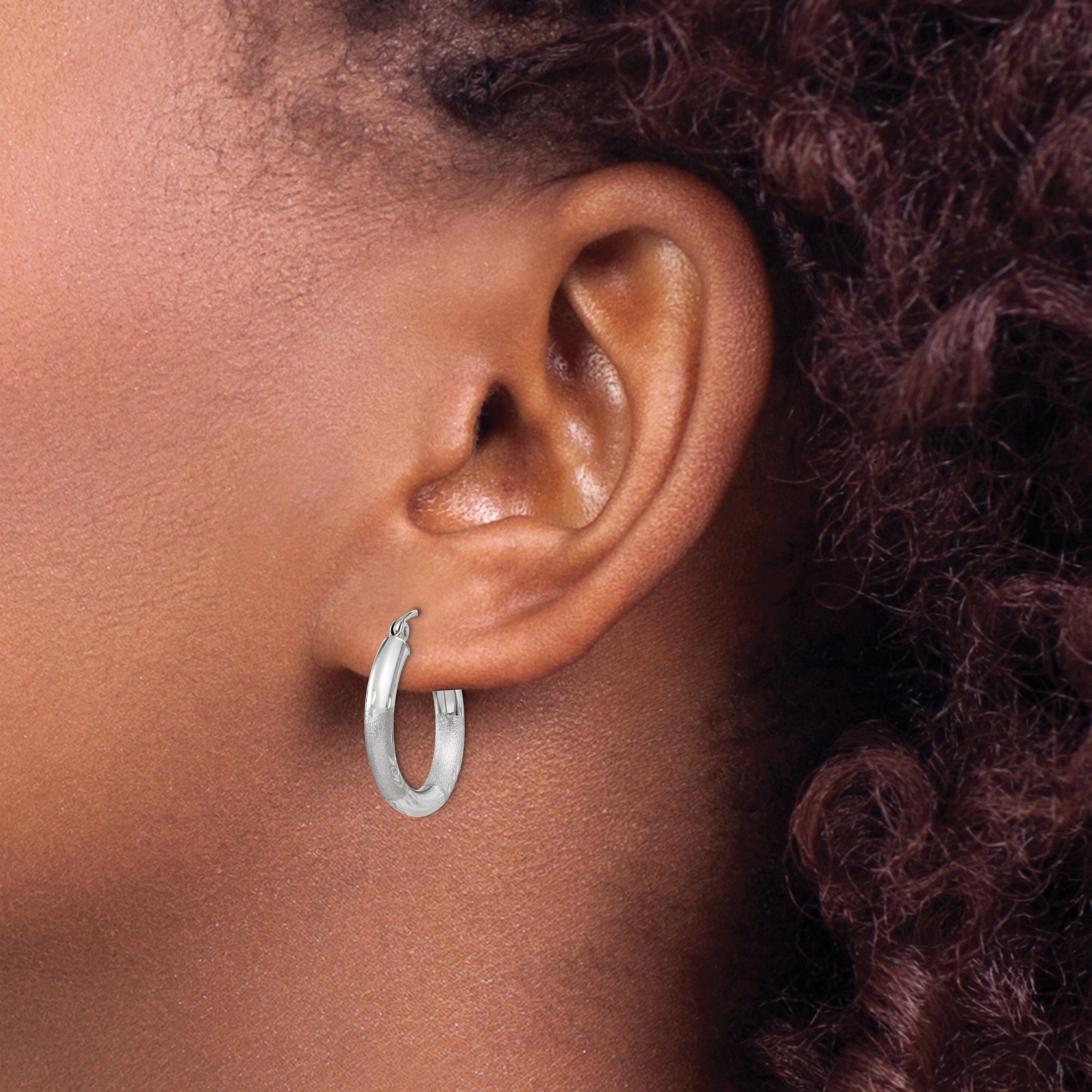 10k White Gold Satin & Diamond-cut 3mm Round Hoop Earrings