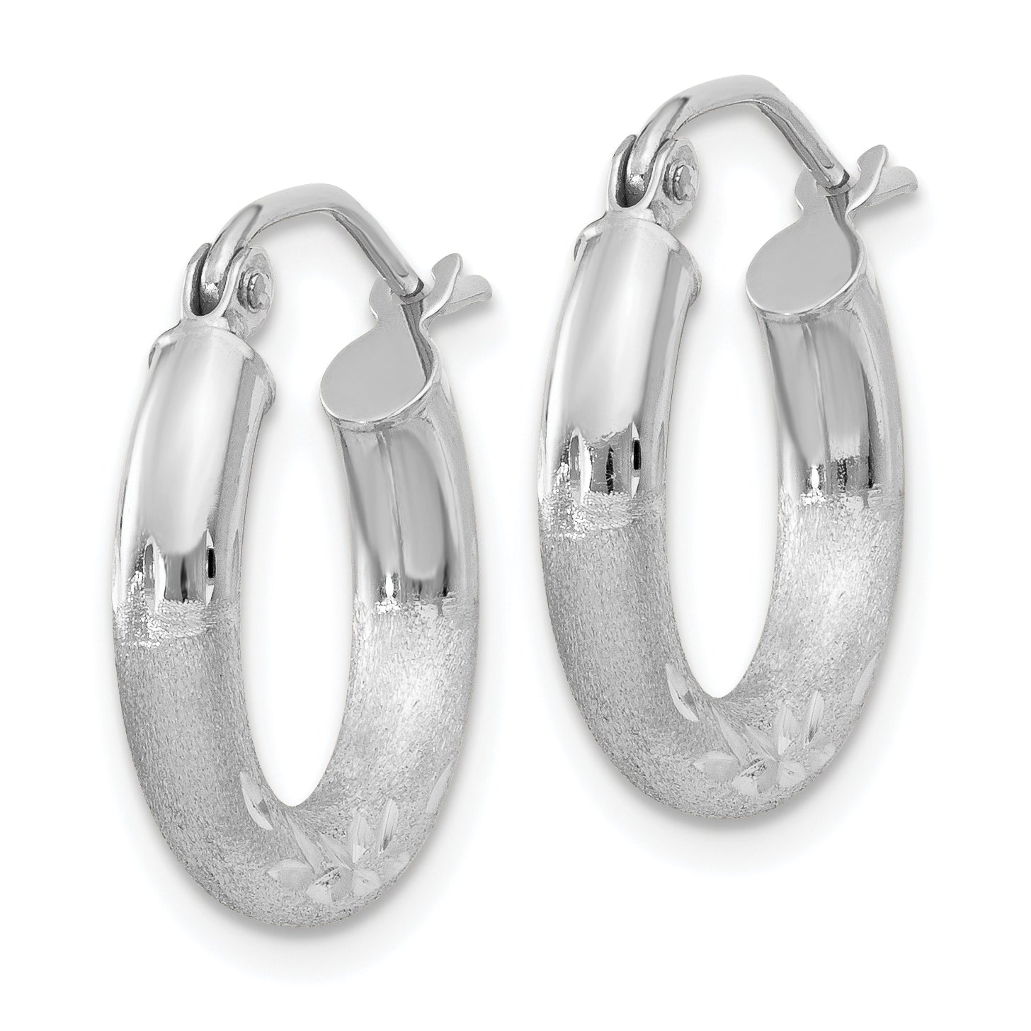 10k White Gold Satin & Diamond-cut 3mm Round Hoop Earrings Secondary image