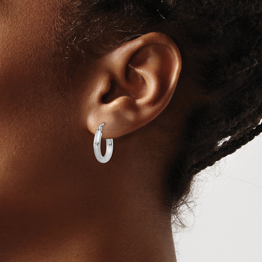10k White Gold Satin & Diamond-cut 3mm Round Hoop Earrings