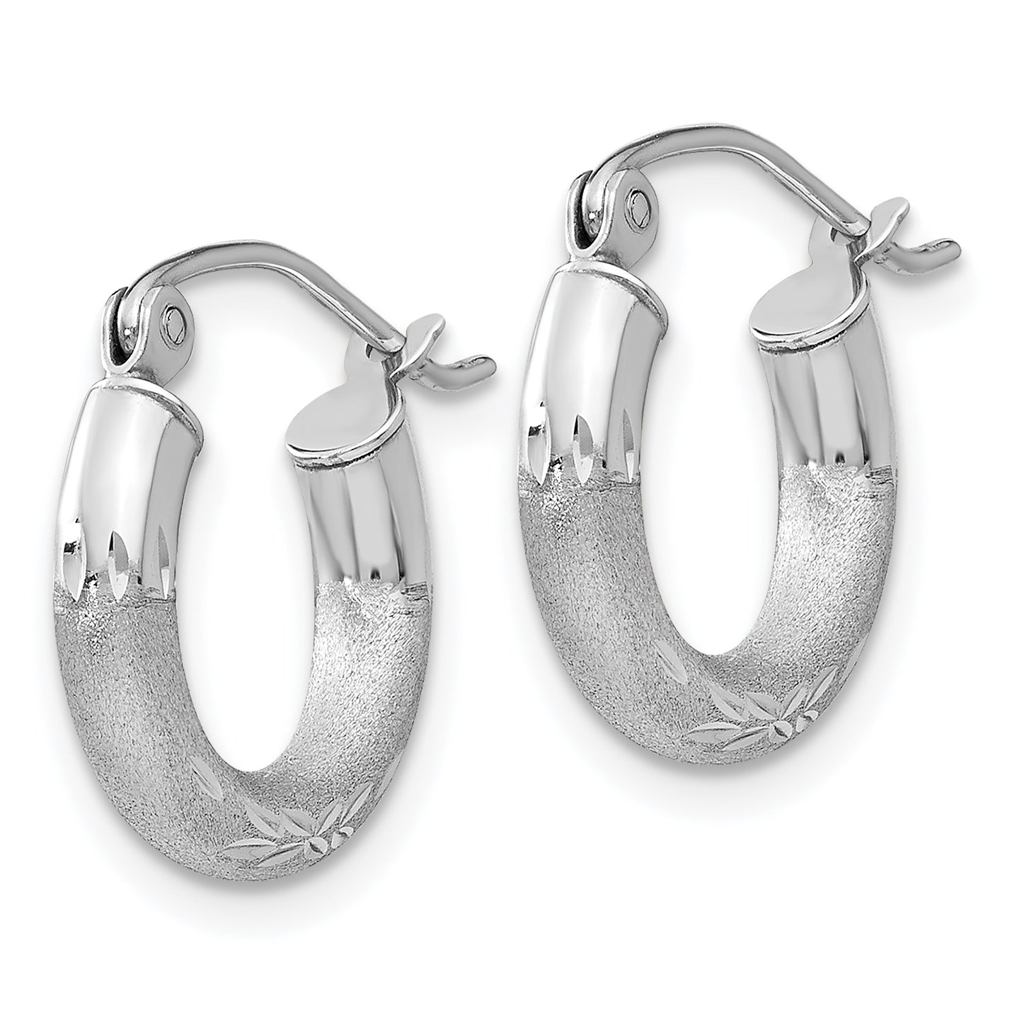 10k White Gold Satin & Diamond-cut 3mm Round Hoop Earrings Secondary image