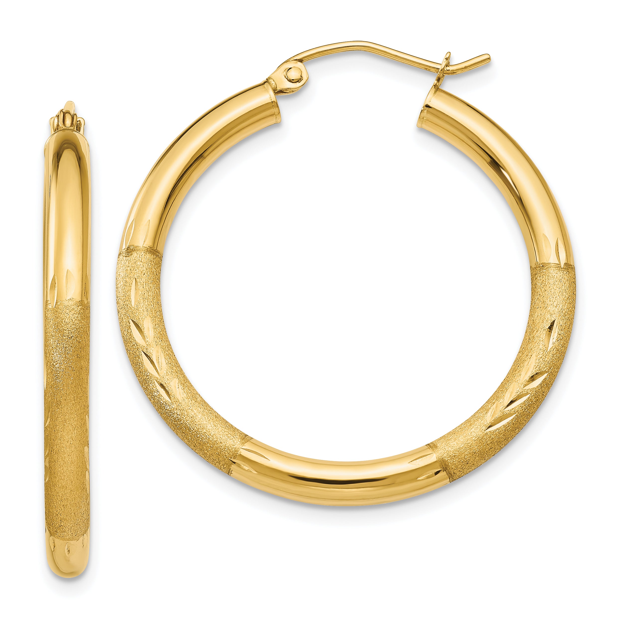 10k Satin & Diamond-cut 3mm Round Hoop Earrings