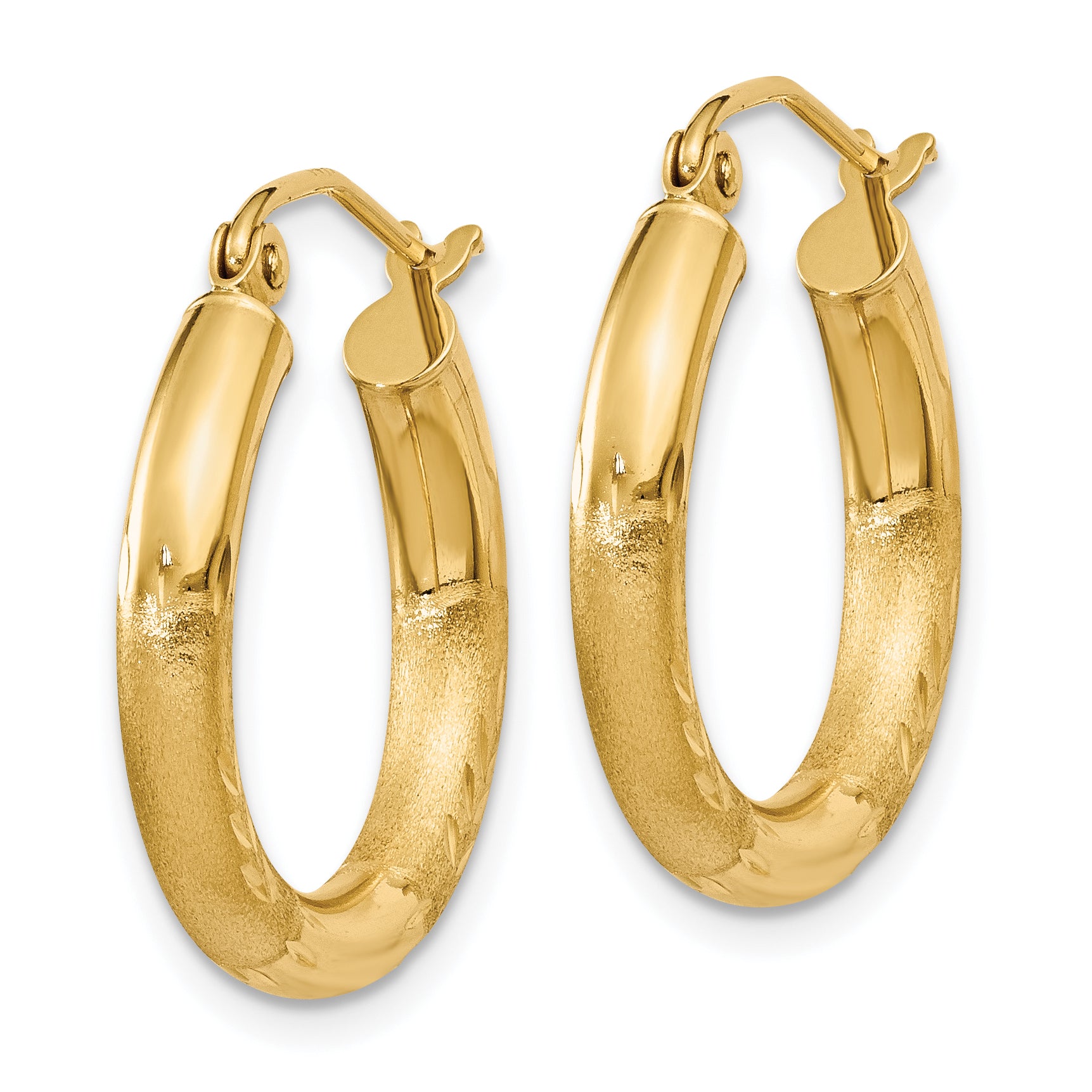 10k Satin & Diamond-cut 3mm Round Hoop Earrings Secondary image