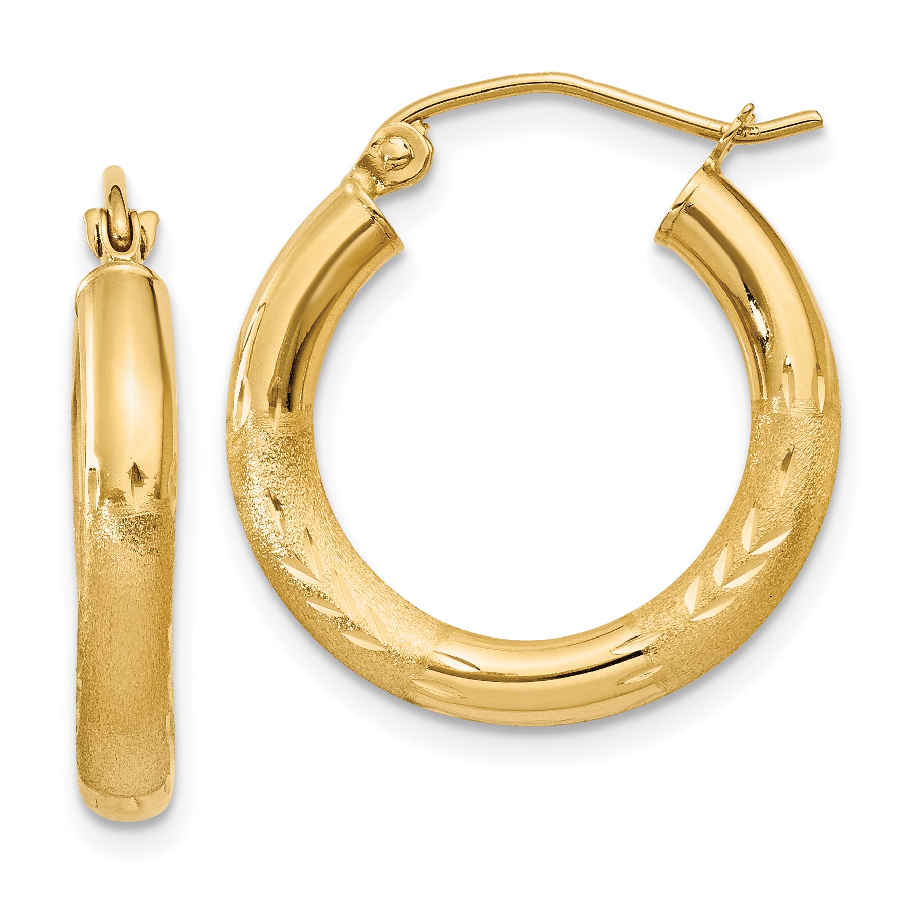 10k Satin & Diamond-cut 3mm Round Hoop Earrings Main image