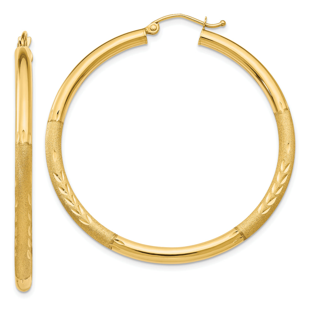10k Satin & Diamond-cut 3mm Round Hoop Earrings