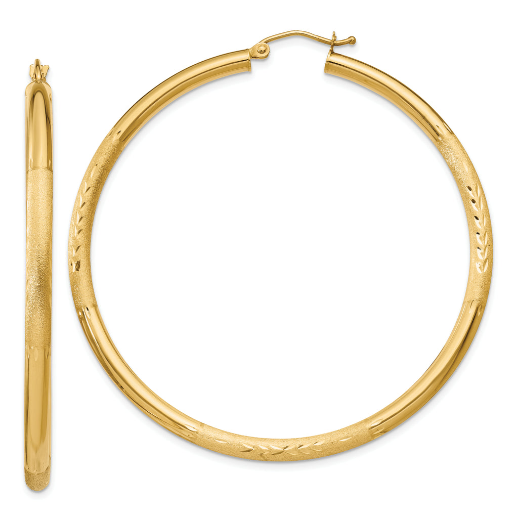 10k Satin & Diamond-cut 3mm Round Hoop Earrings