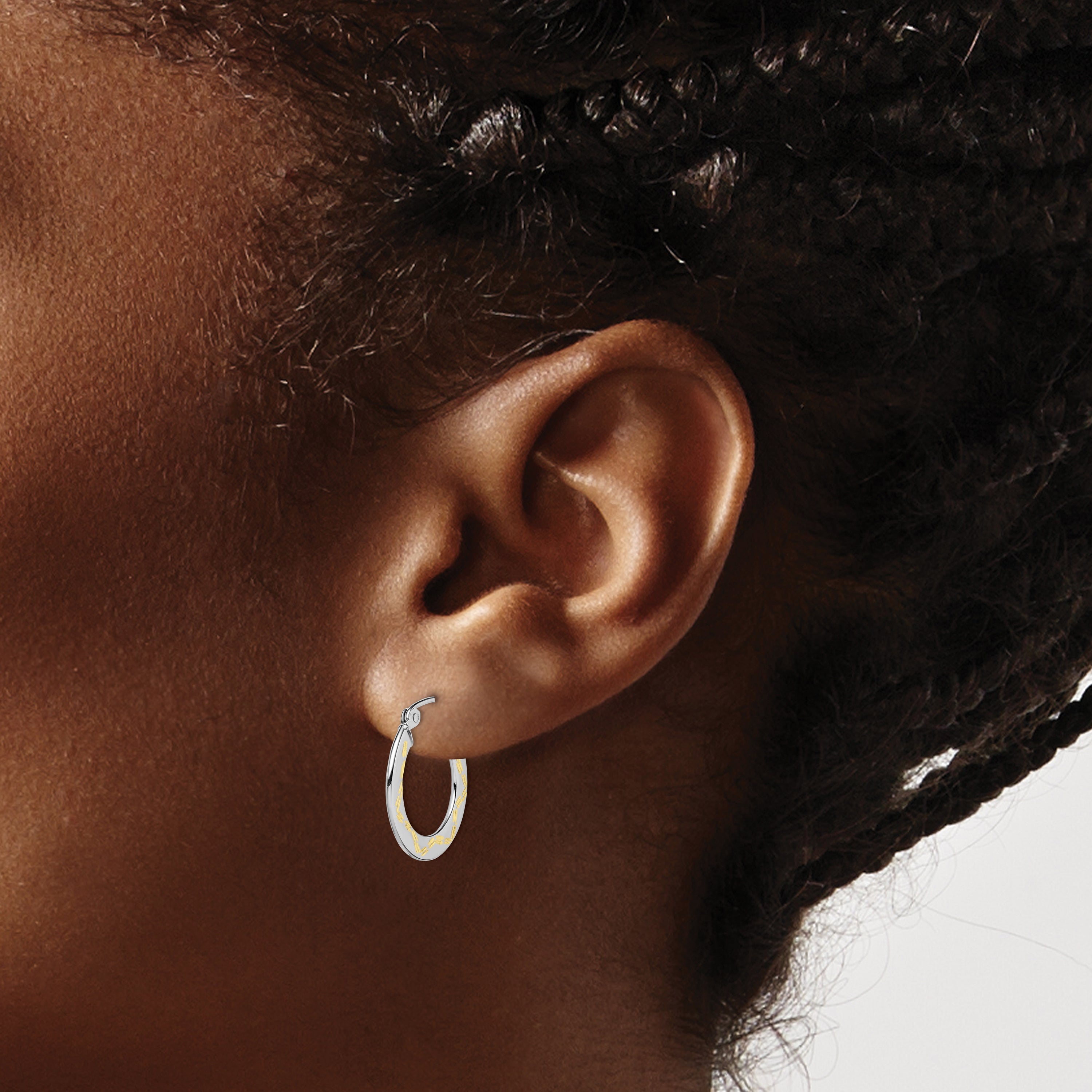 10K White Gold & Yellow Rhodium Diamond Cut Hoop Earrings