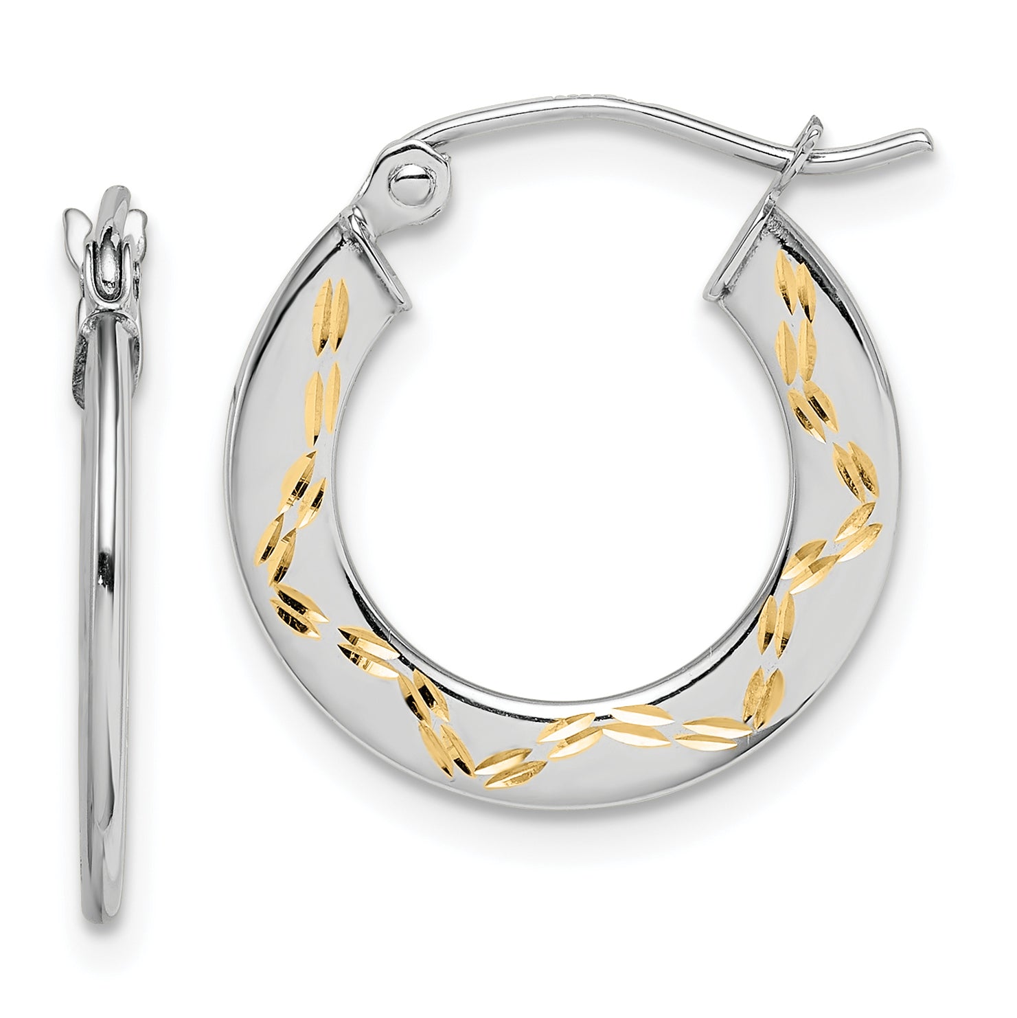 10K White Gold & Yellow Rhodium Diamond Cut Hoop Earrings Main image