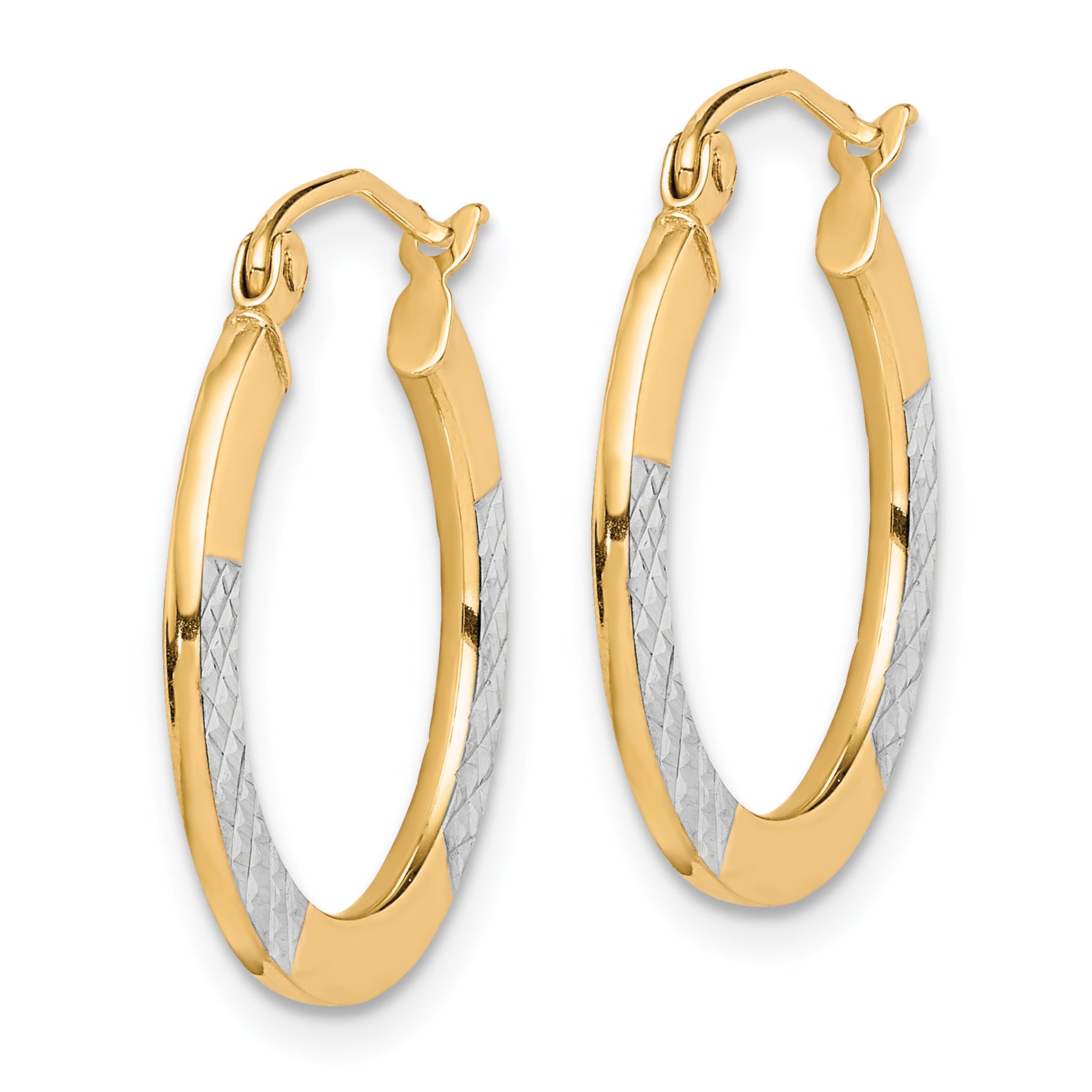 10K & Rhodium Diamond Cut 2.5x20mm Hoop Earrings