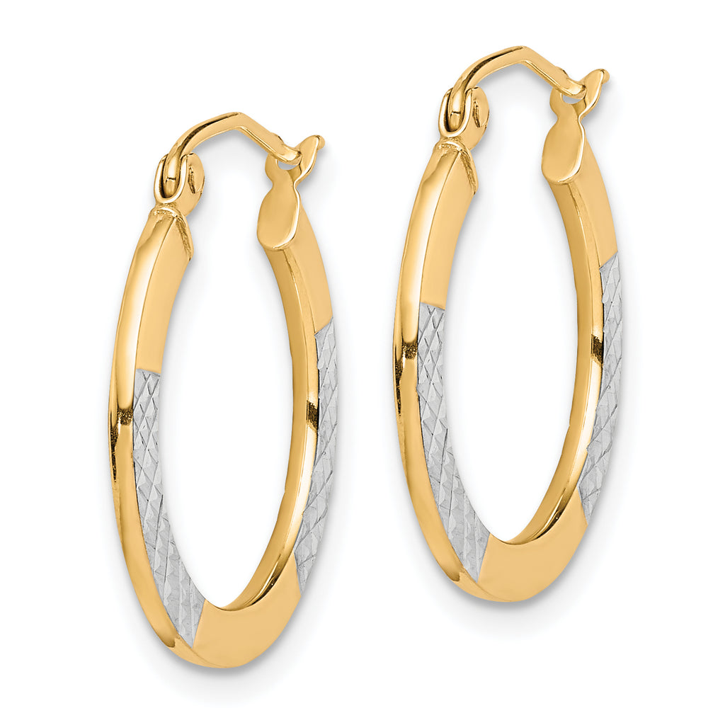 10K & Rhodium Diamond Cut 2.5x20mm Hoop Earrings
