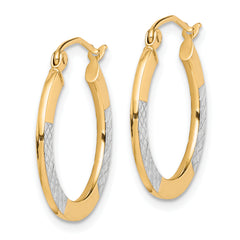 10K & Rhodium Diamond Cut 2.5x20mm Hoop Earrings