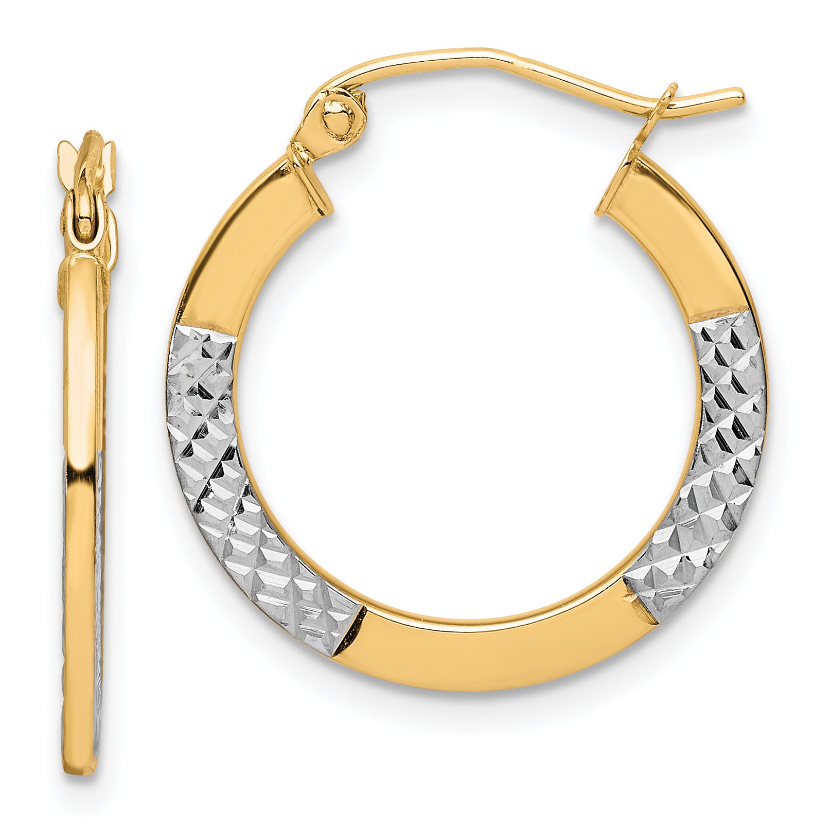 10K & Rhodium Diamond Cut 2.5x20mm Hoop Earrings