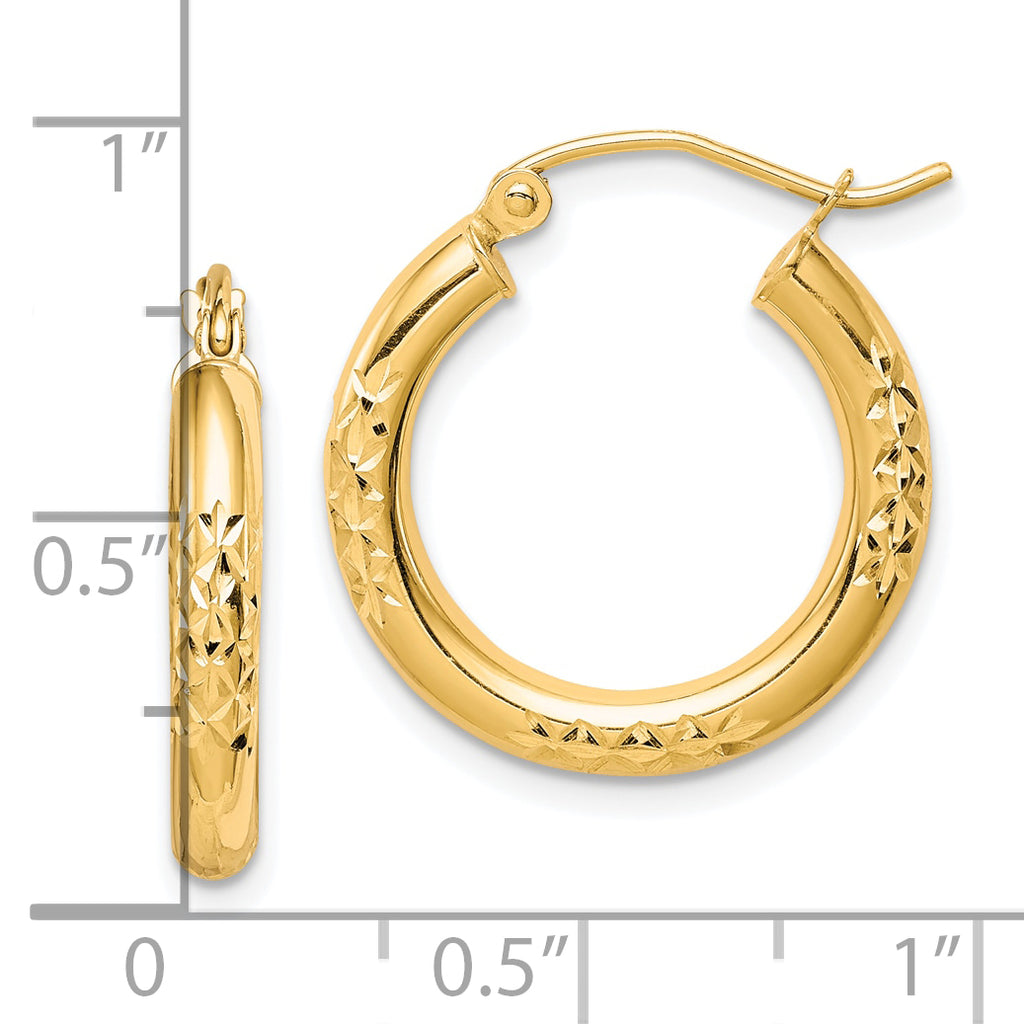 10K Diamond Cut 3x20mm Hollow Tube Hoop Earrings