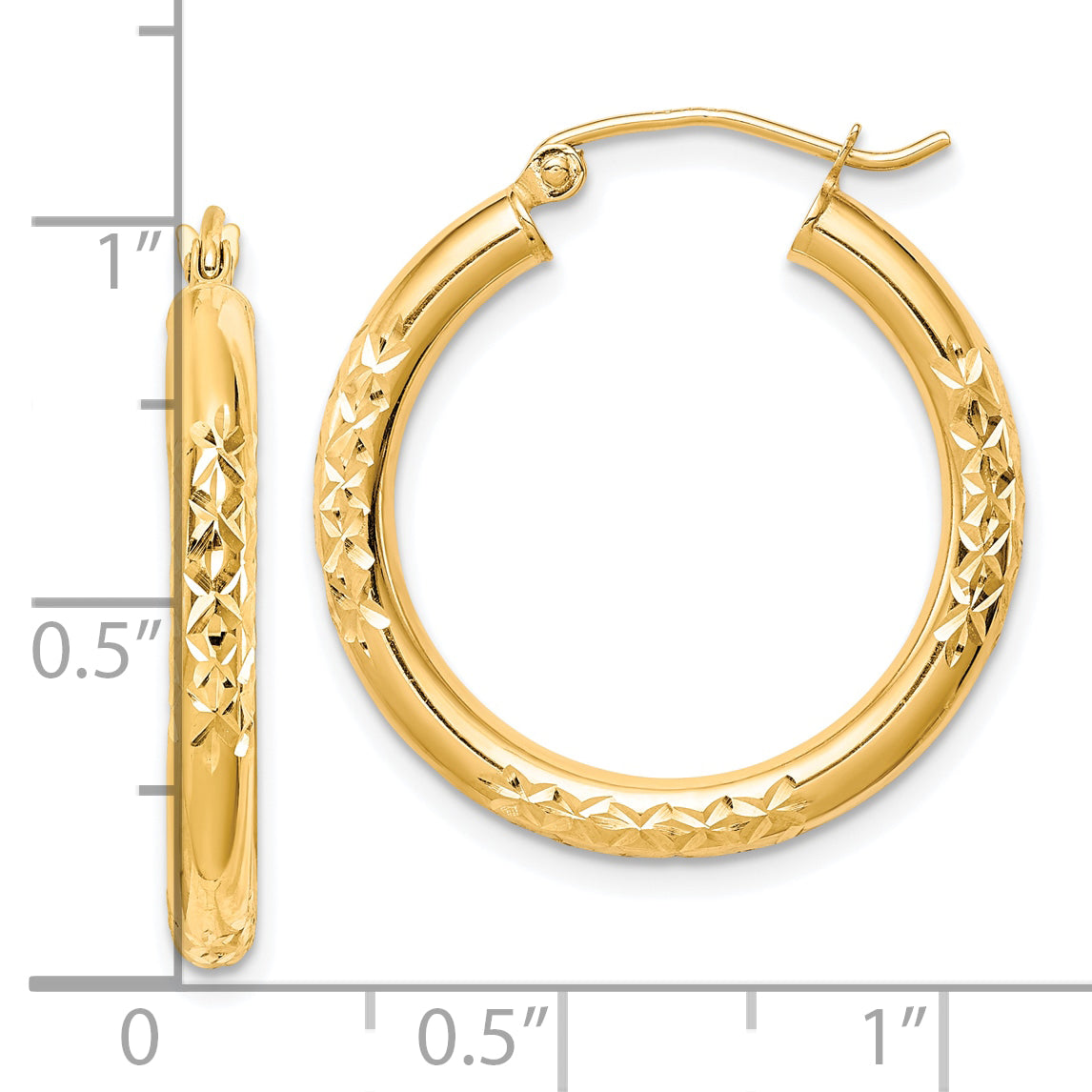10K Diamond Cut 3x25mm Hollow Tube Hoop Earrings Secondary image