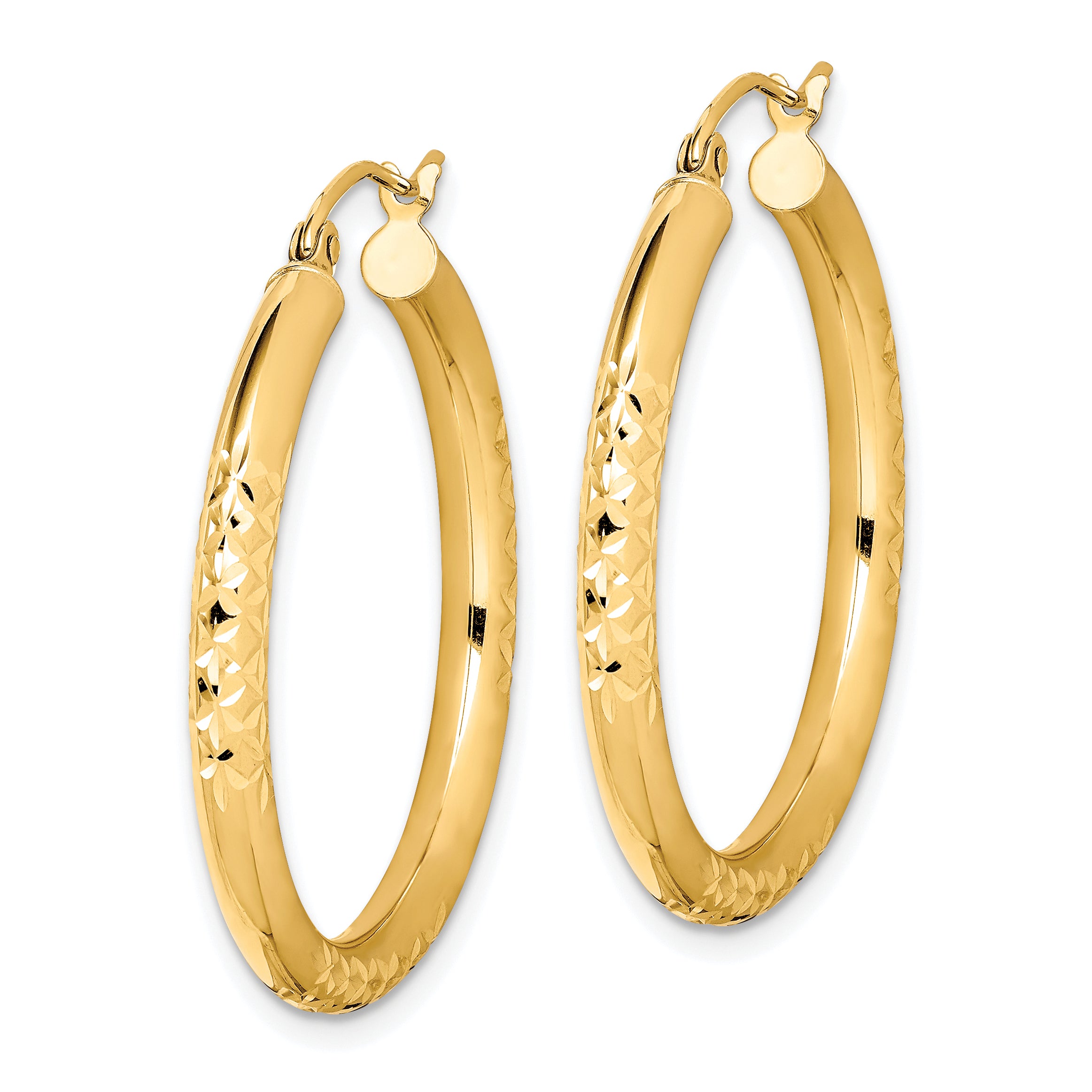 10K Diamond Cut 3x30mm Hollow Tube Hoop Earrings Secondary image