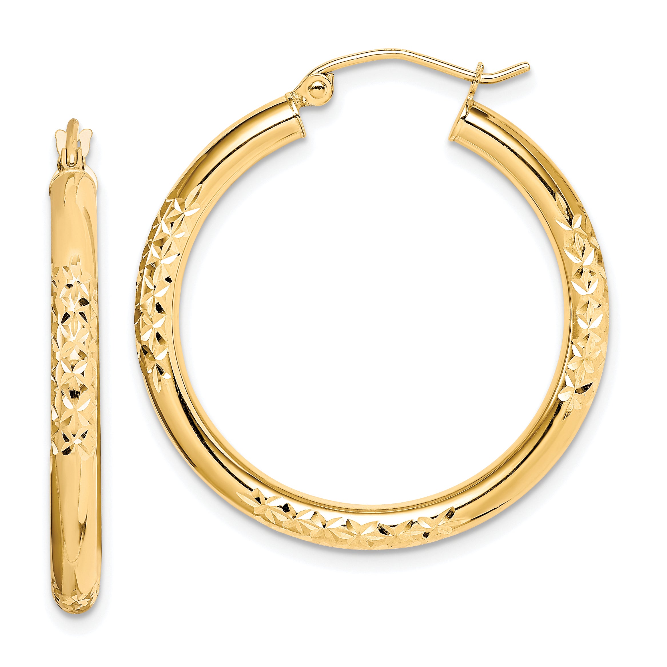10K Diamond Cut 3x30mm Hollow Tube Hoop Earrings Main image