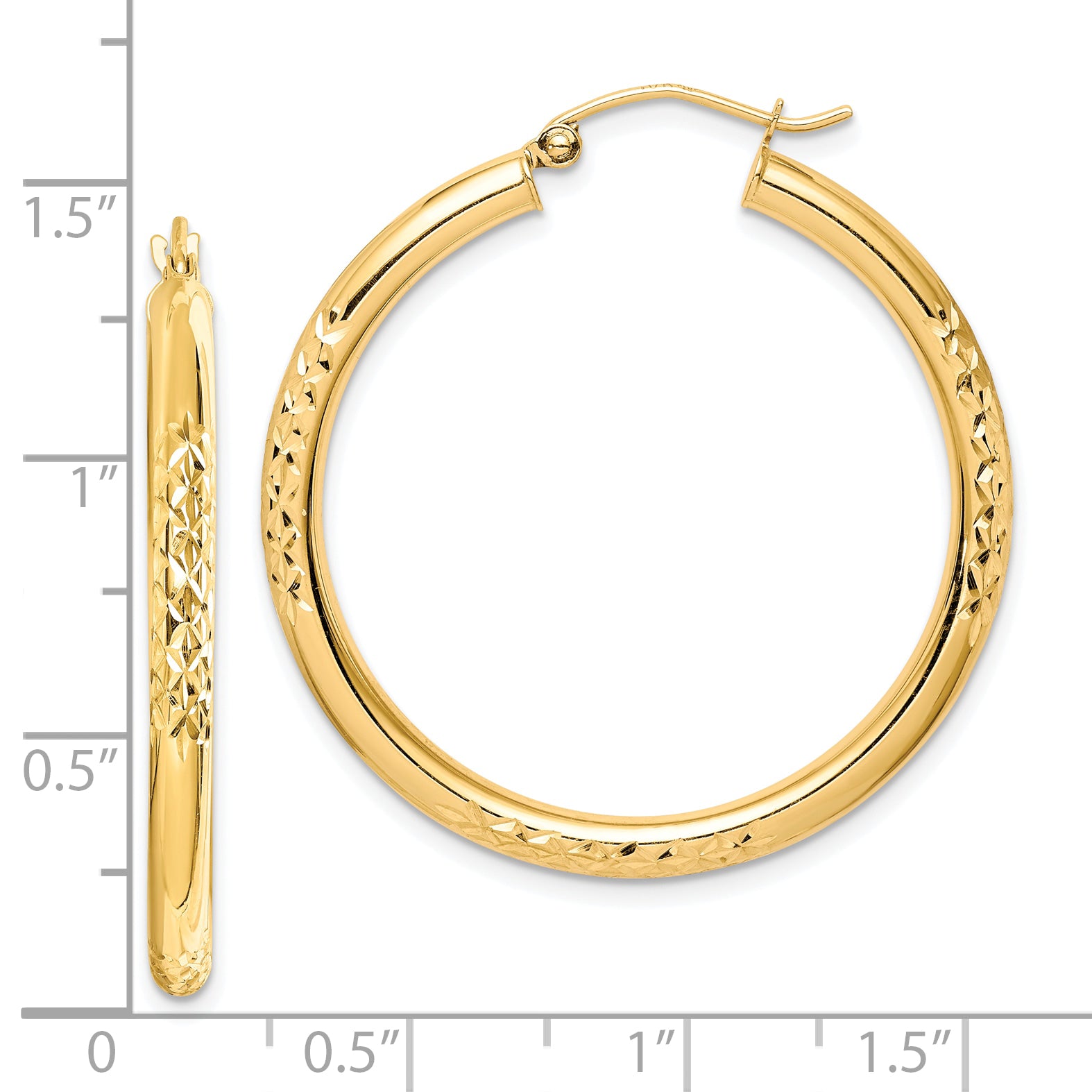 10K Diamond Cut 3x35mm Hollow Tube Hoop Earrings Secondary image