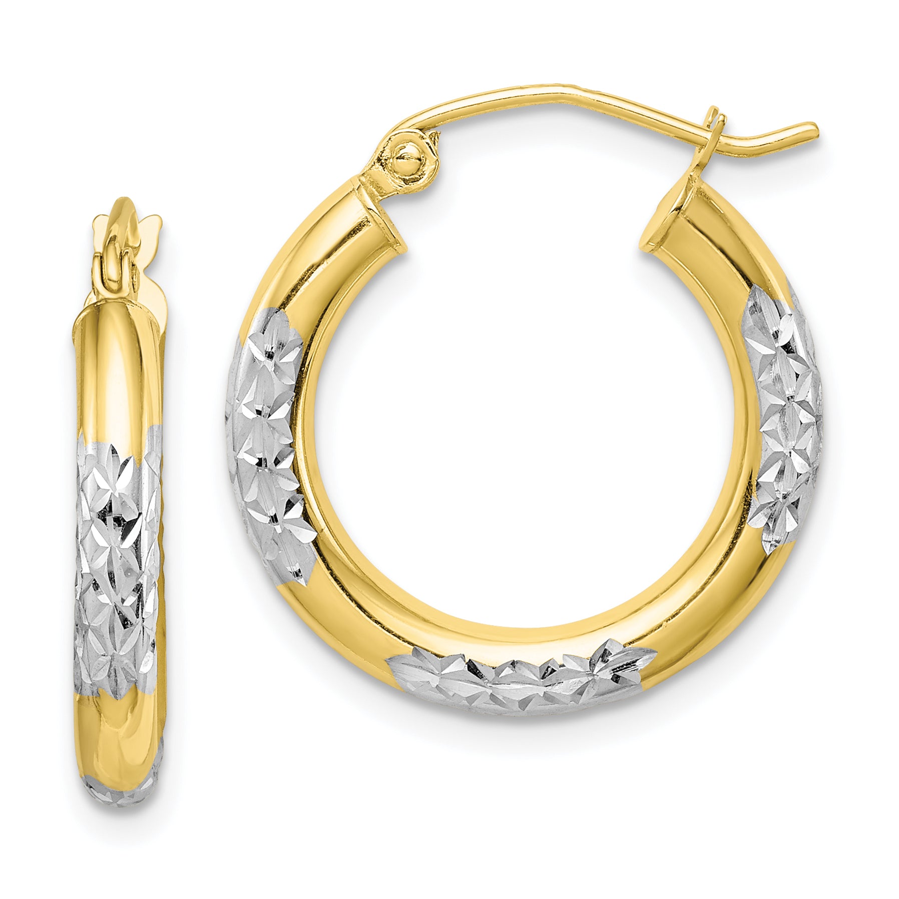 10K & Rhodium Diamond Cut 3mm Hoop Earrings Main image