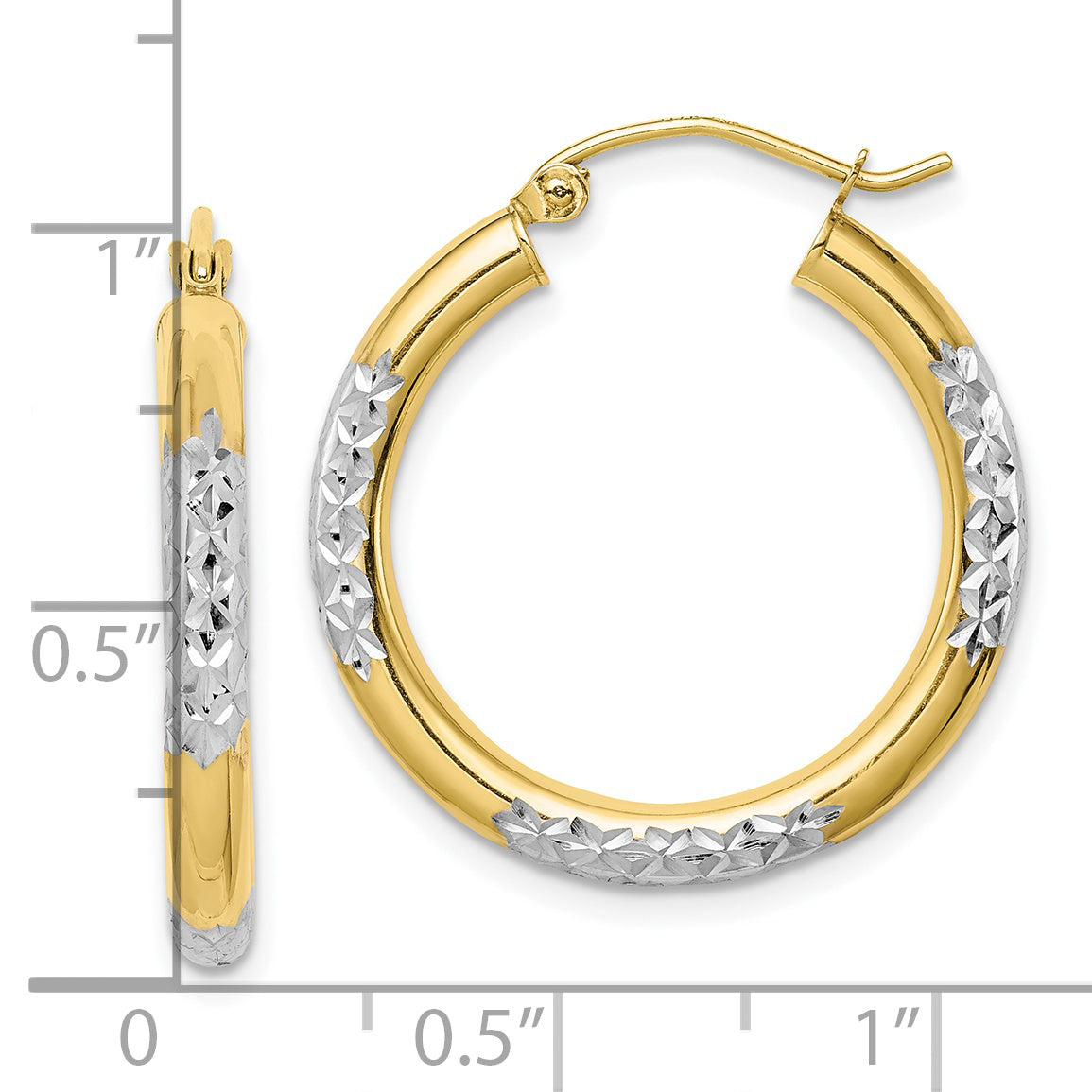 10K & Rhodium Diamond Cut 3mm Hoop Earrings Secondary image