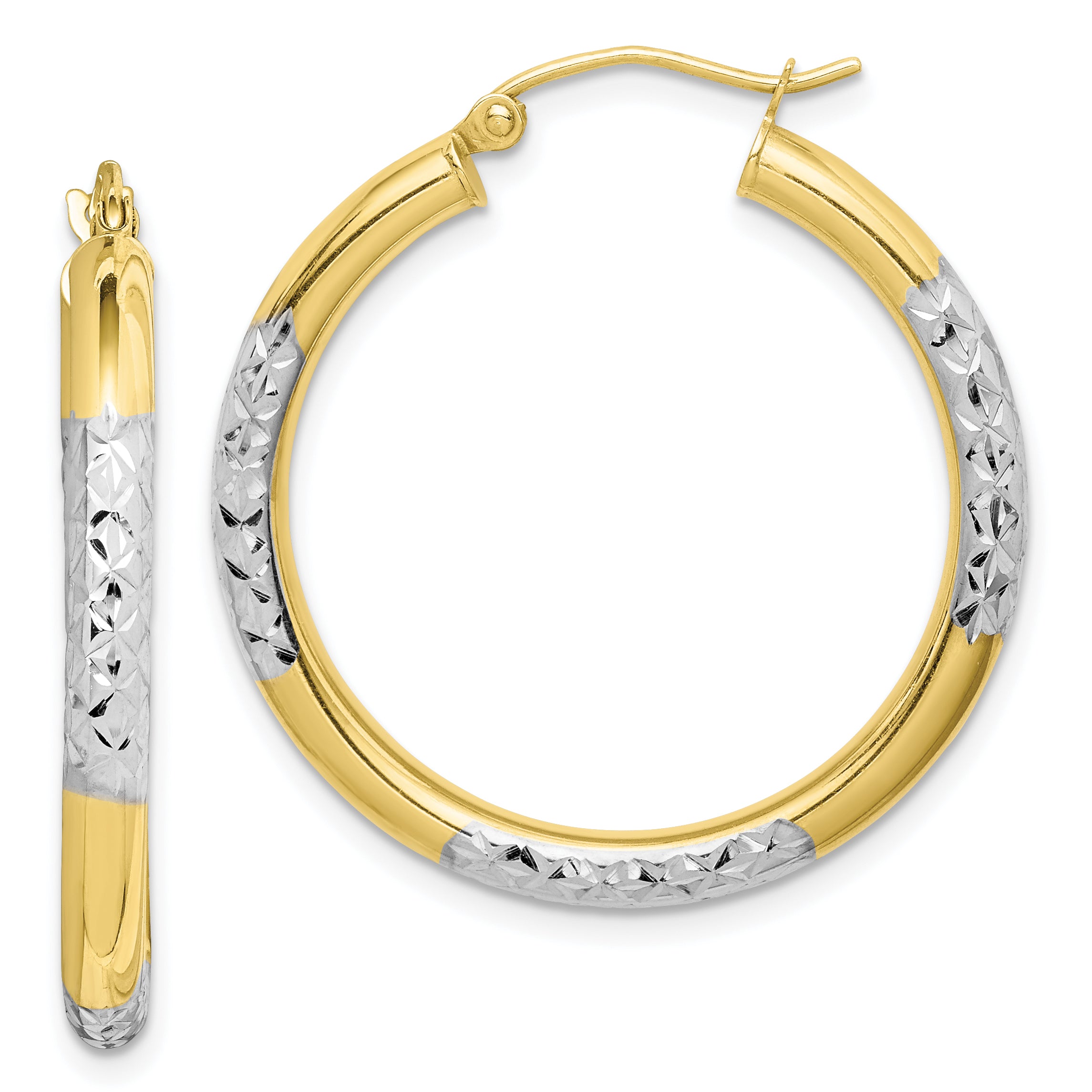 10K & Rhodium Diamond Cut 3mm Hoop Earrings Main image