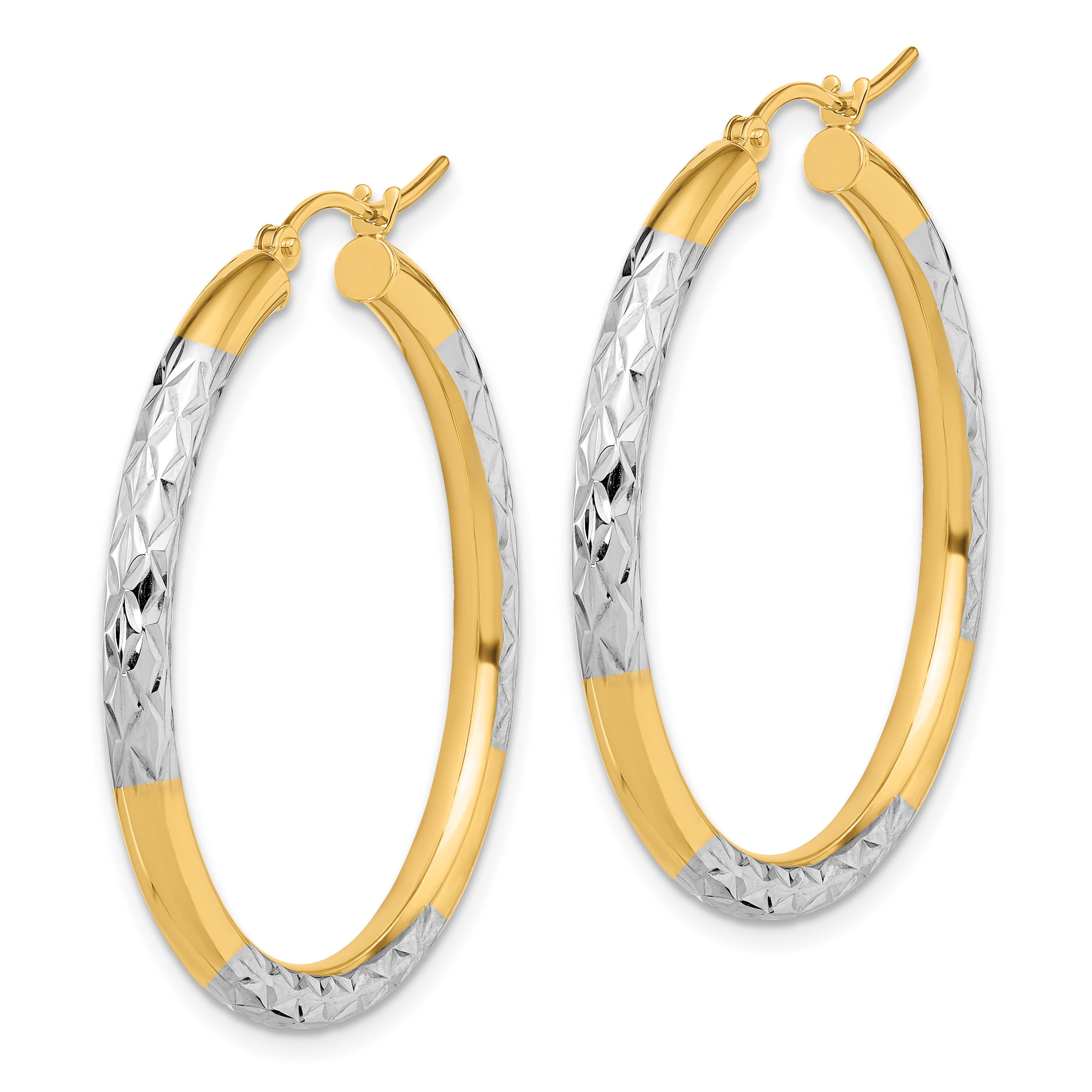 10K & Rhodium Diamond Cut 3mm Hoop Earrings Secondary image