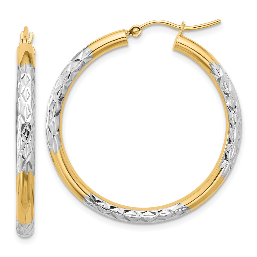 10K & Rhodium Diamond Cut 3mm Hoop Earrings