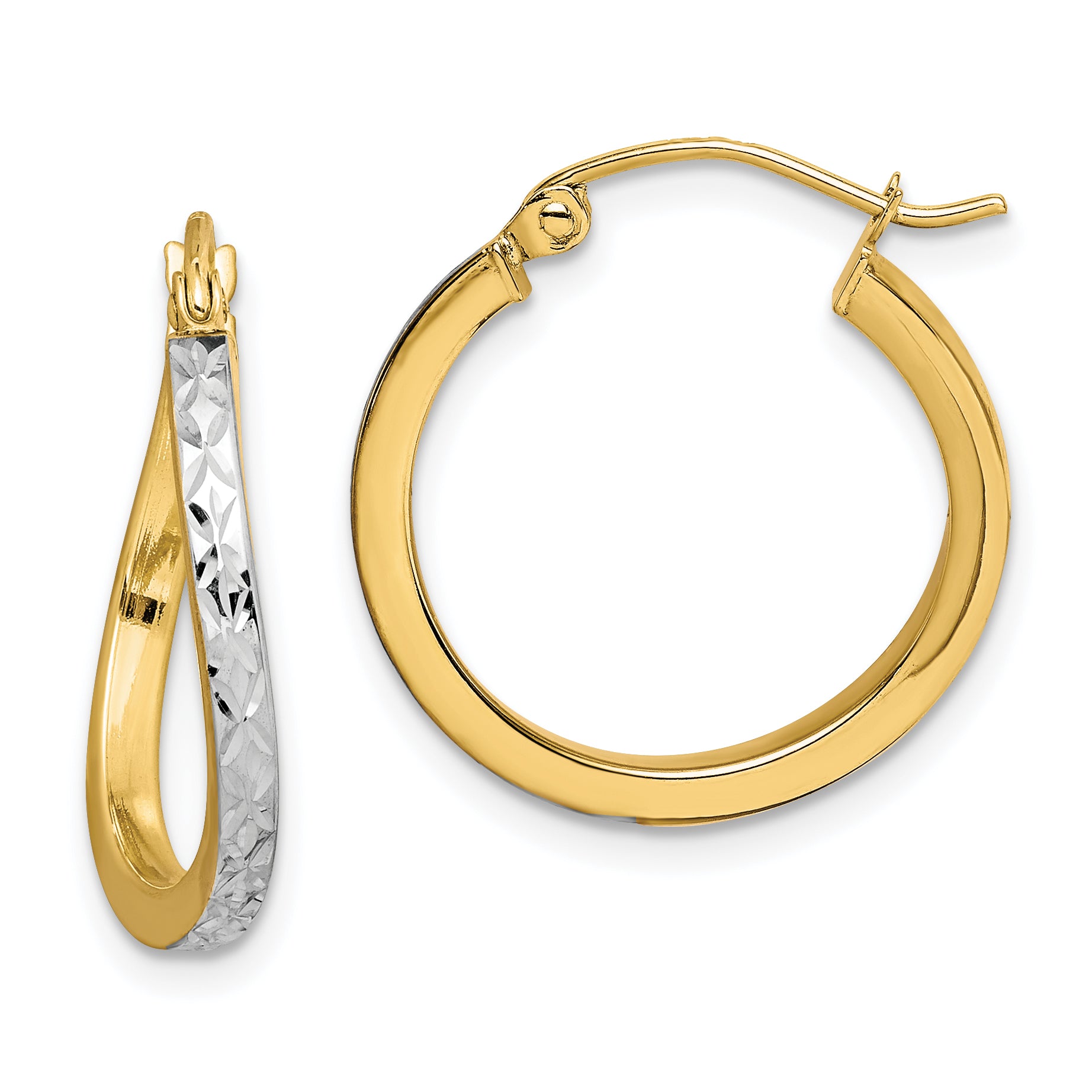 10k & Rhodium Diamond Cut Textured & Wavy Hoop Earrings Main image