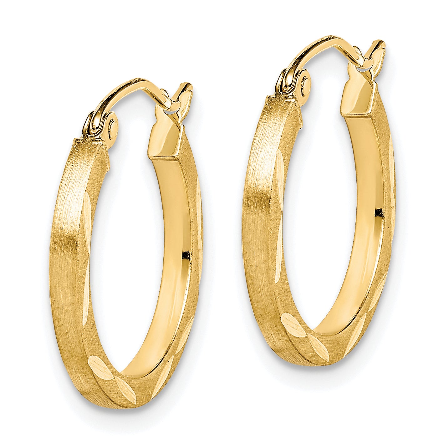 10K Satin Diamond Cut 2x20mm Hoop Earrings Secondary image