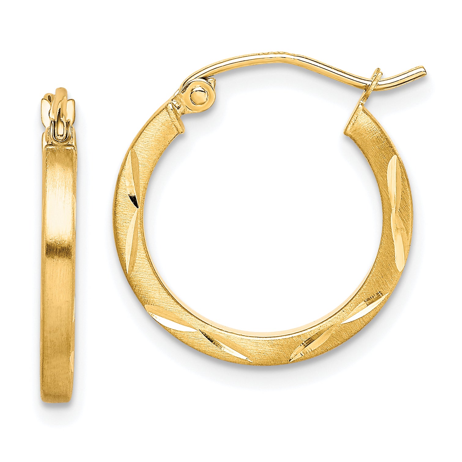 10K Satin Diamond Cut 2x20mm Hoop Earrings
