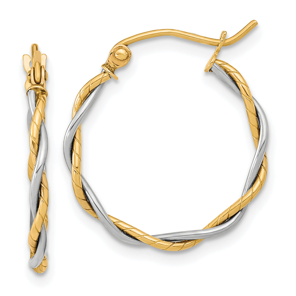 10k Two-tone Polished 1.8mm Twisted Hoop Earrings