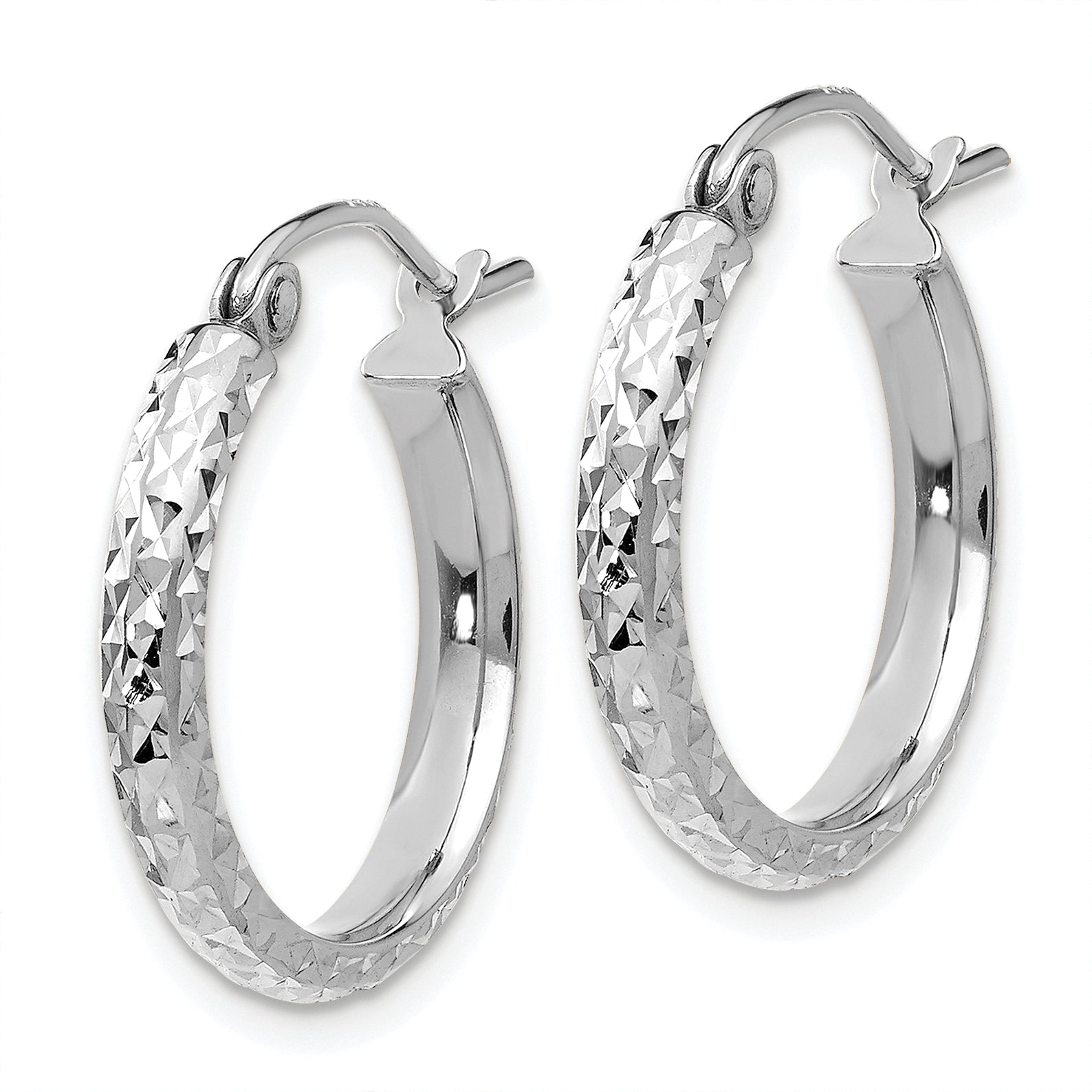 10k White Gold Diamond-cut 2.8x18mm Hollow Hoop Earrings