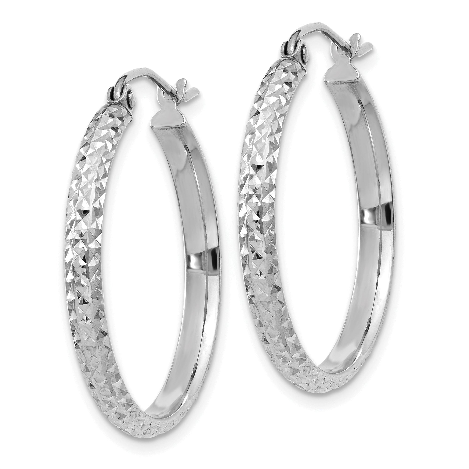 10k White Gold Diamond-cut 2.8x25mm Hollow Hoop Earrings Secondary image