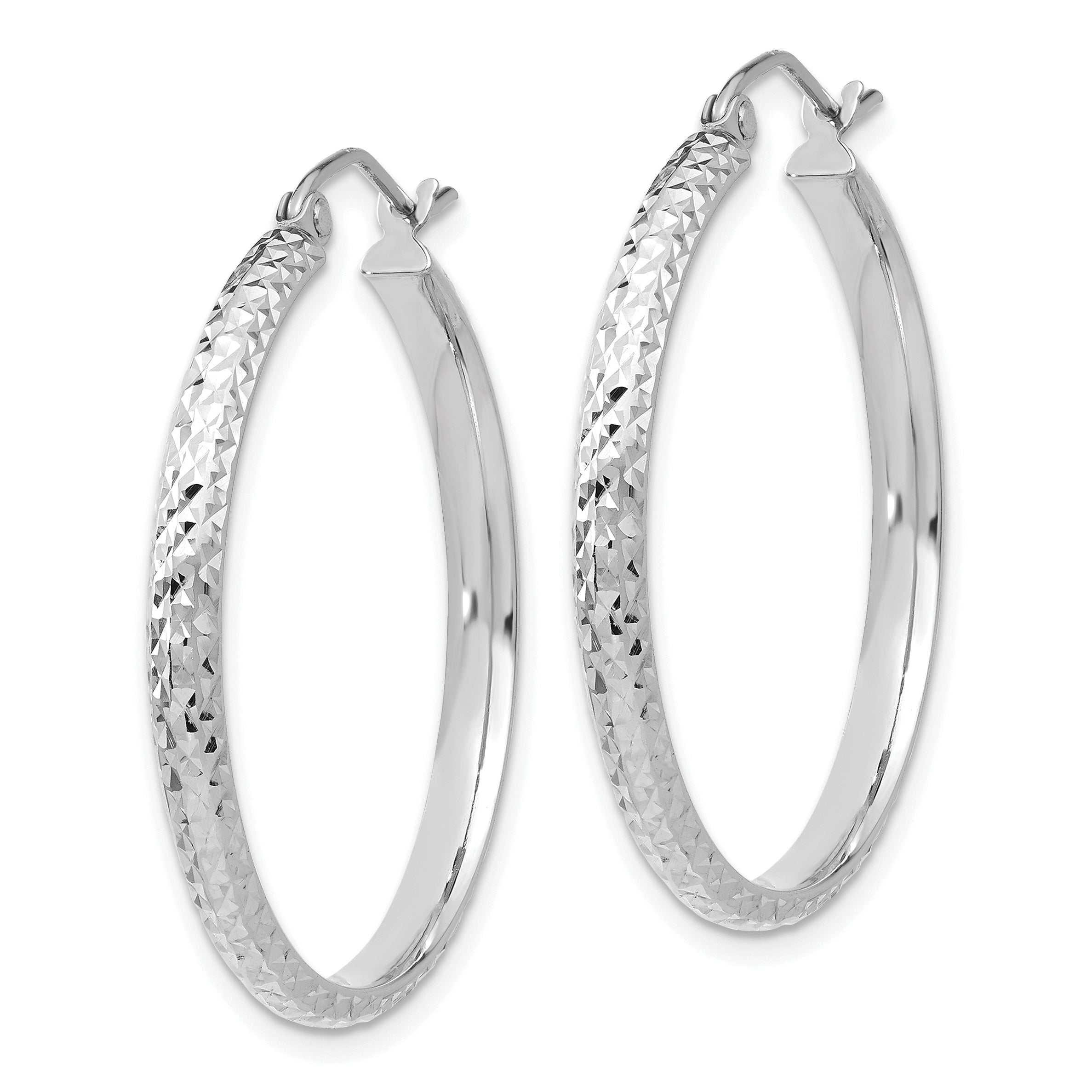 10k White Gold Diamond-cut 2.8x30mm Hollow Hoop Earrings