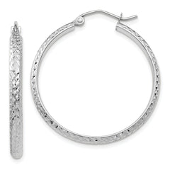 10k White Gold Diamond-cut 2.8x30mm Hollow Hoop Earrings