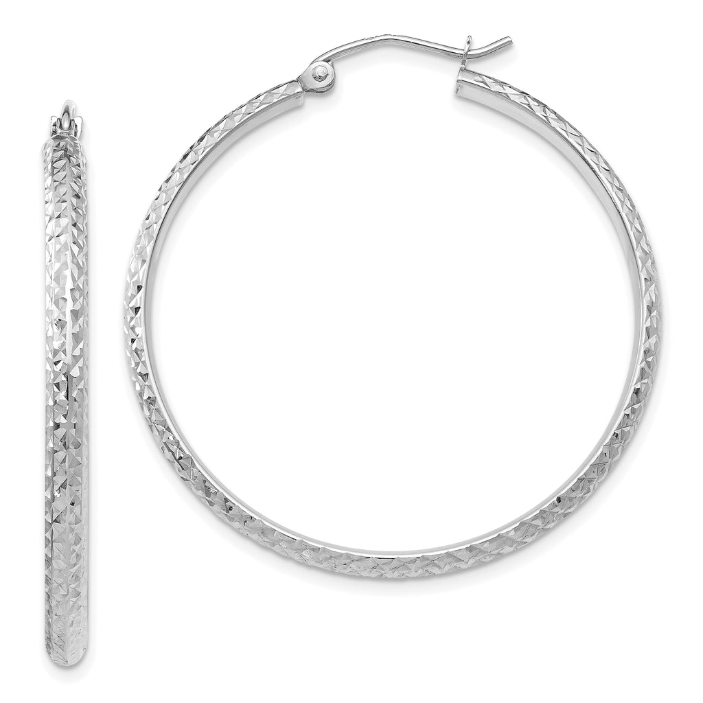 10k White Gold Diamond-cut 2.8x37mm Hollow Hoop Earrings