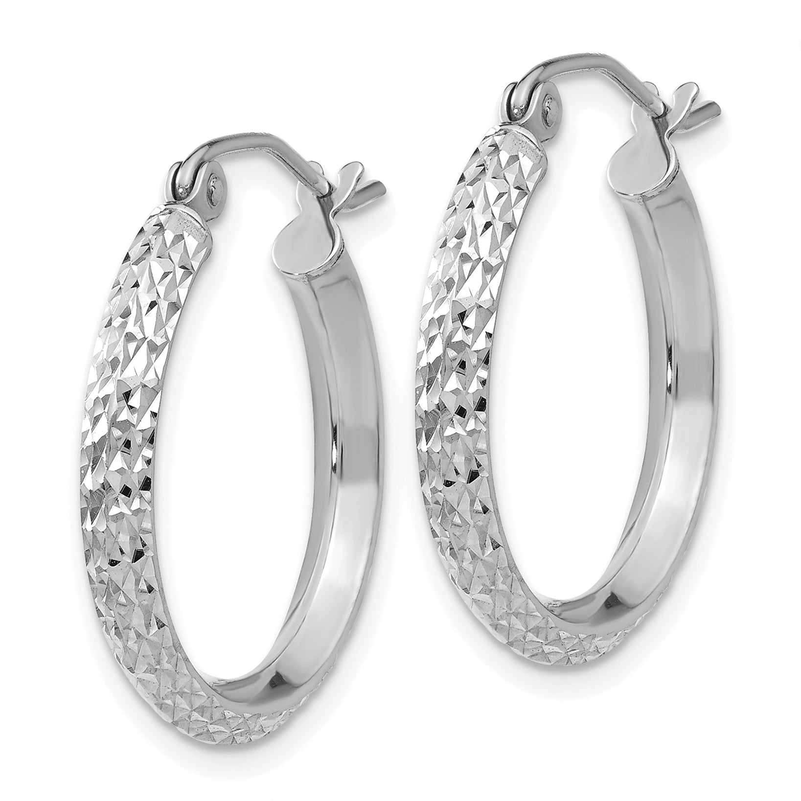 10k White Gold Knife Edge Diamond-cut 2.5x20mm Hoop Earrings