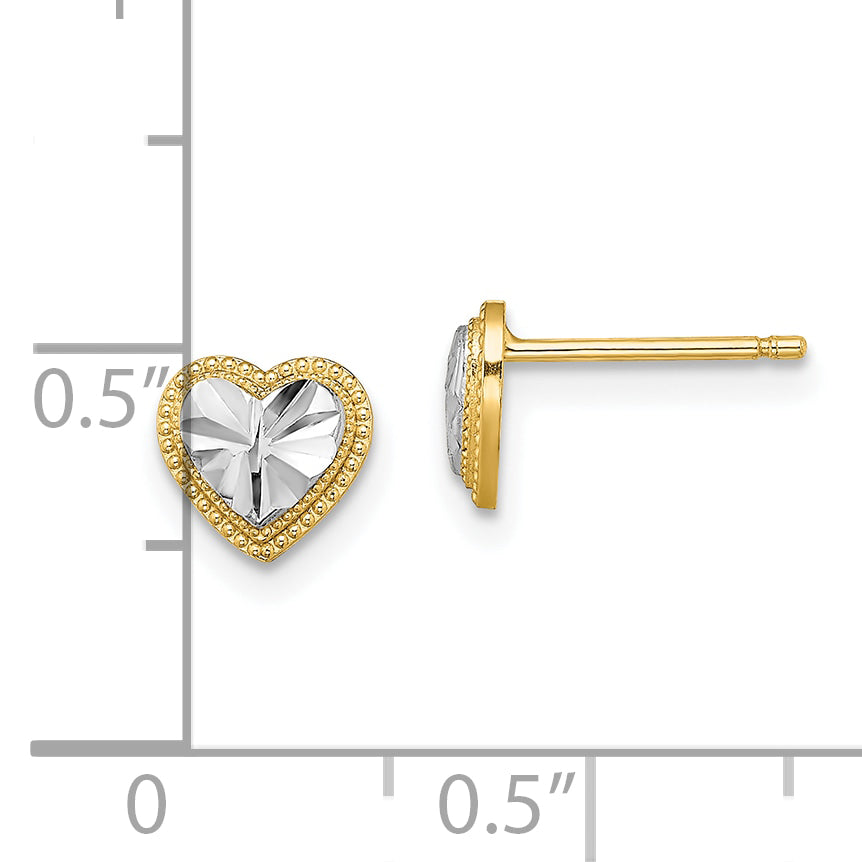 10K W/ Rhodium D/C Heart Post Earrings