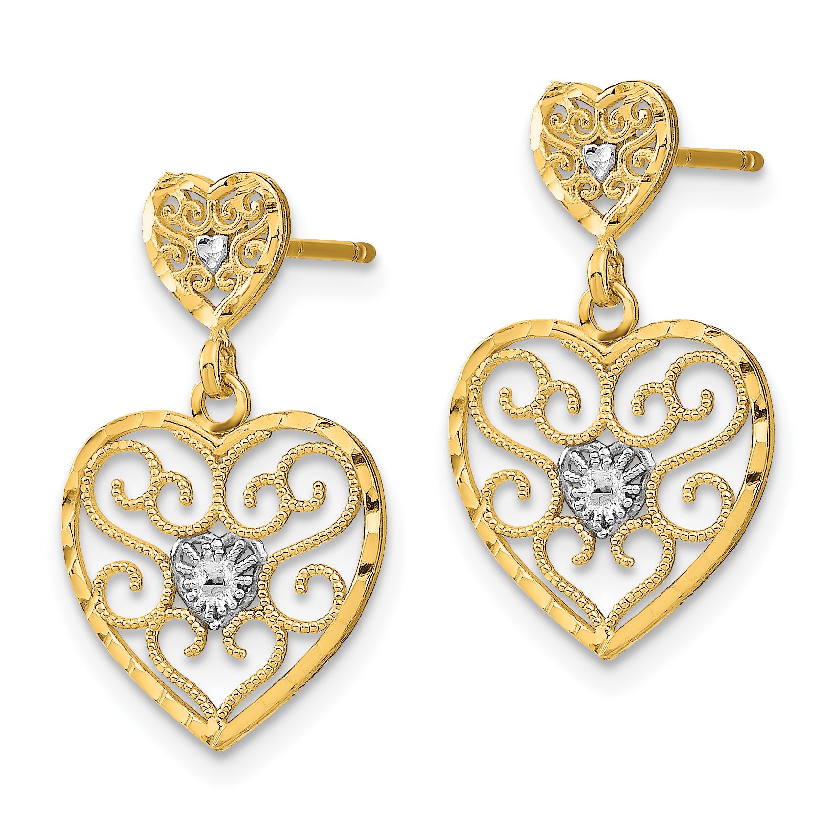 10k w/ RH Heart Beaded Filigree Dangle Earrings Secondary image