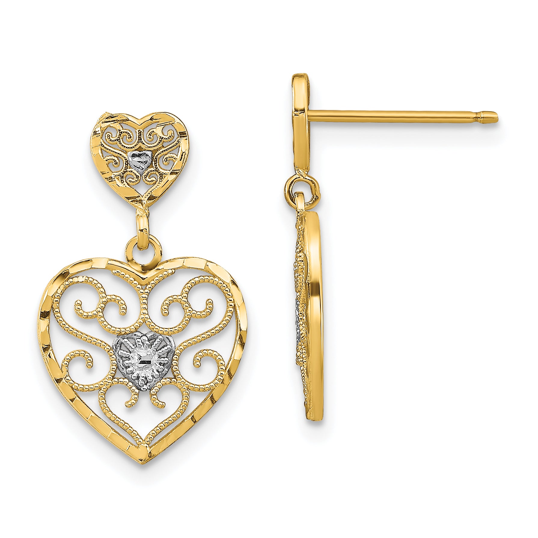 10k w/ RH Heart Beaded Filigree Dangle Earrings Main image