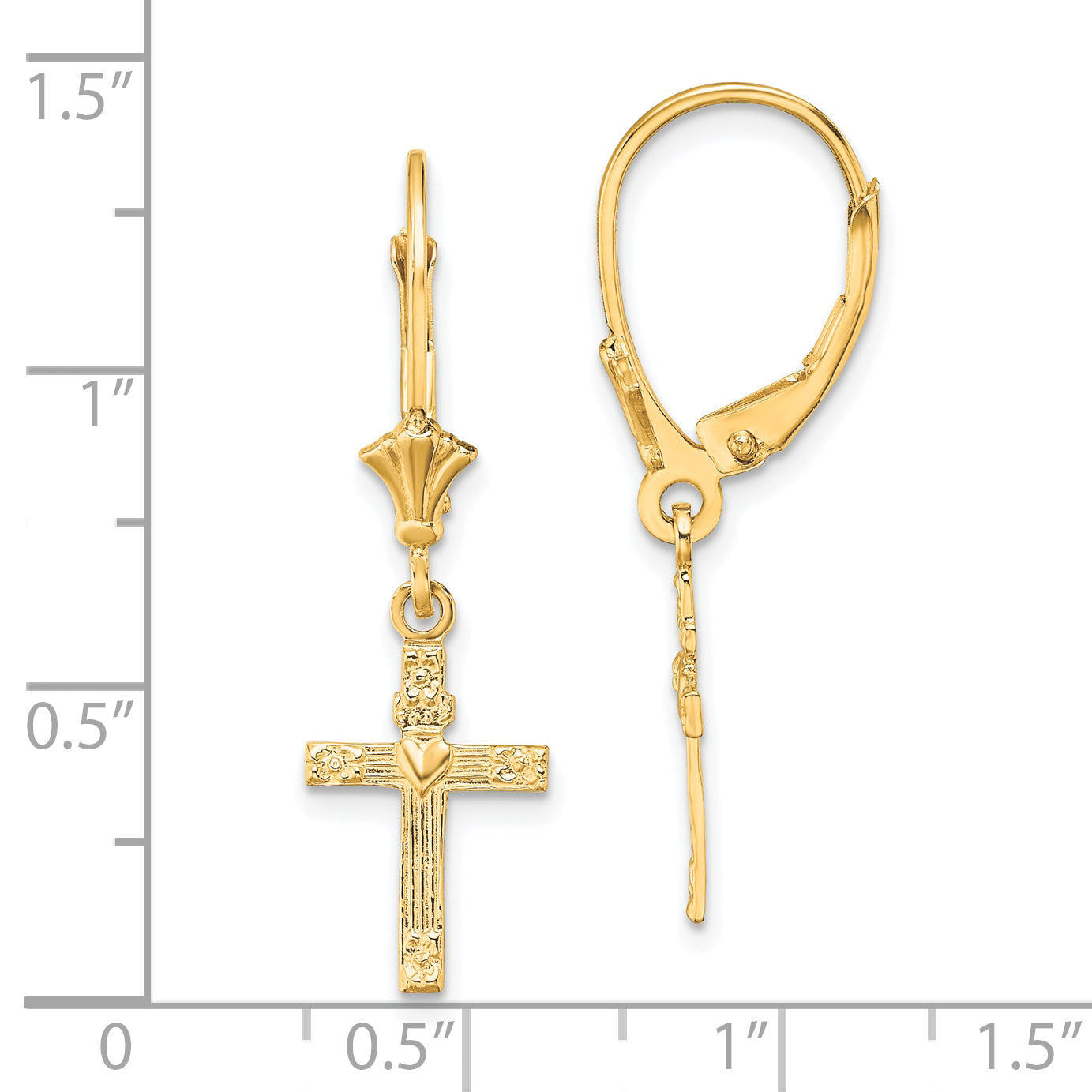 10K Textured Heart In Cross Leverback Earrings