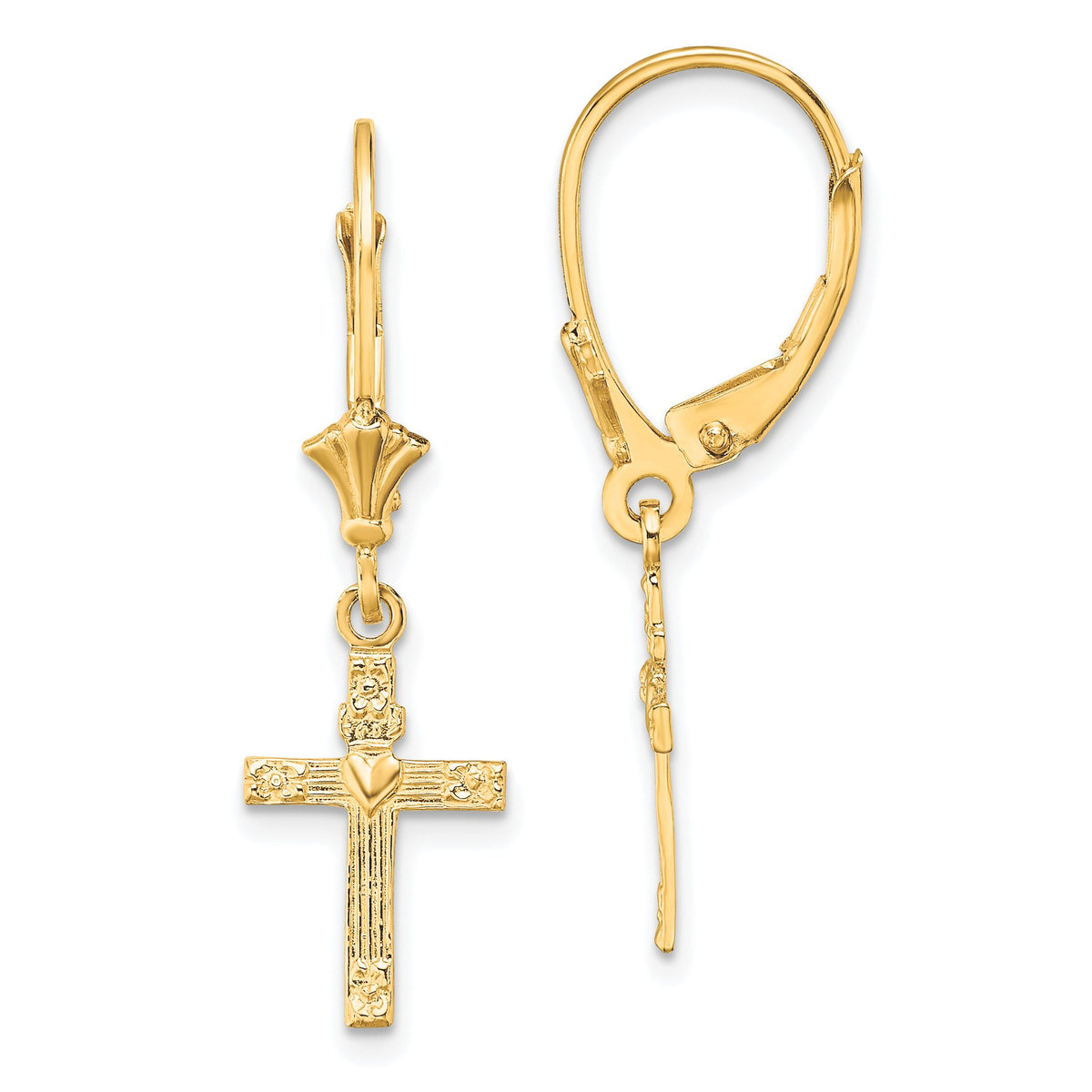 Heart Cross Dangle Leverback Earrings in 10K Yellow Gold, Textured - Sophia Jewelers Main image
