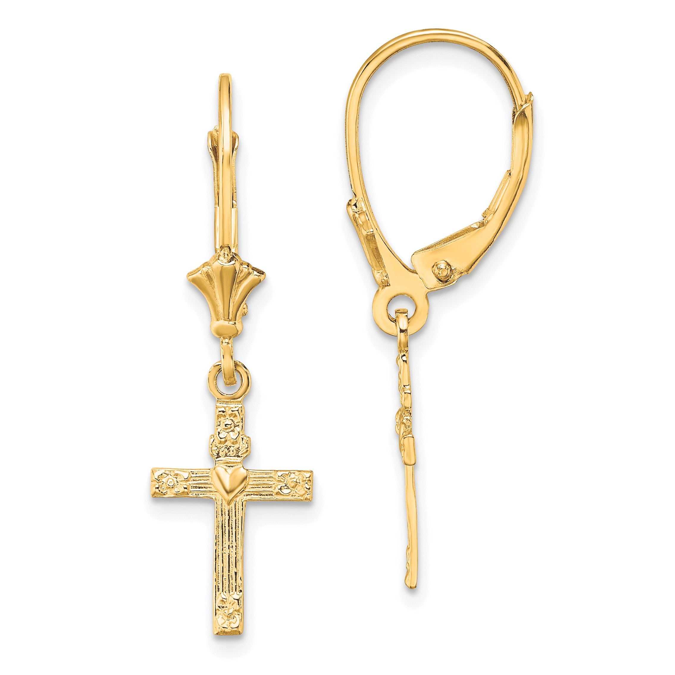 10K Textured Heart In Cross Leverback Earrings
