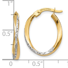 10k w/White Rhodium Textured and Polished Oval Hoop Earrings