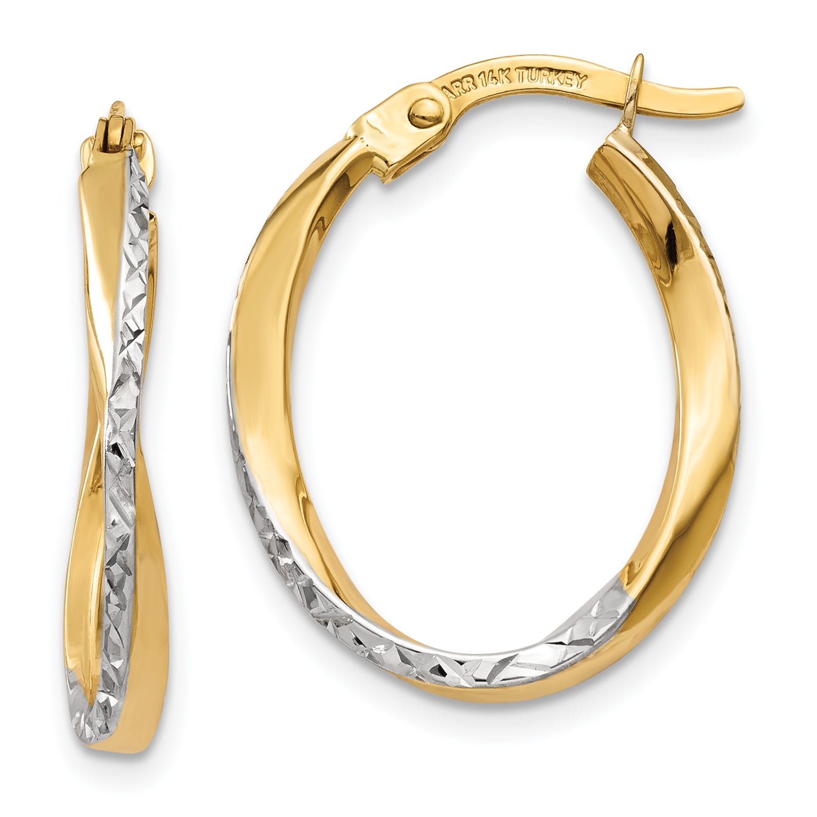 10k w/White Rhodium Textured and Polished Oval Hoop Earrings