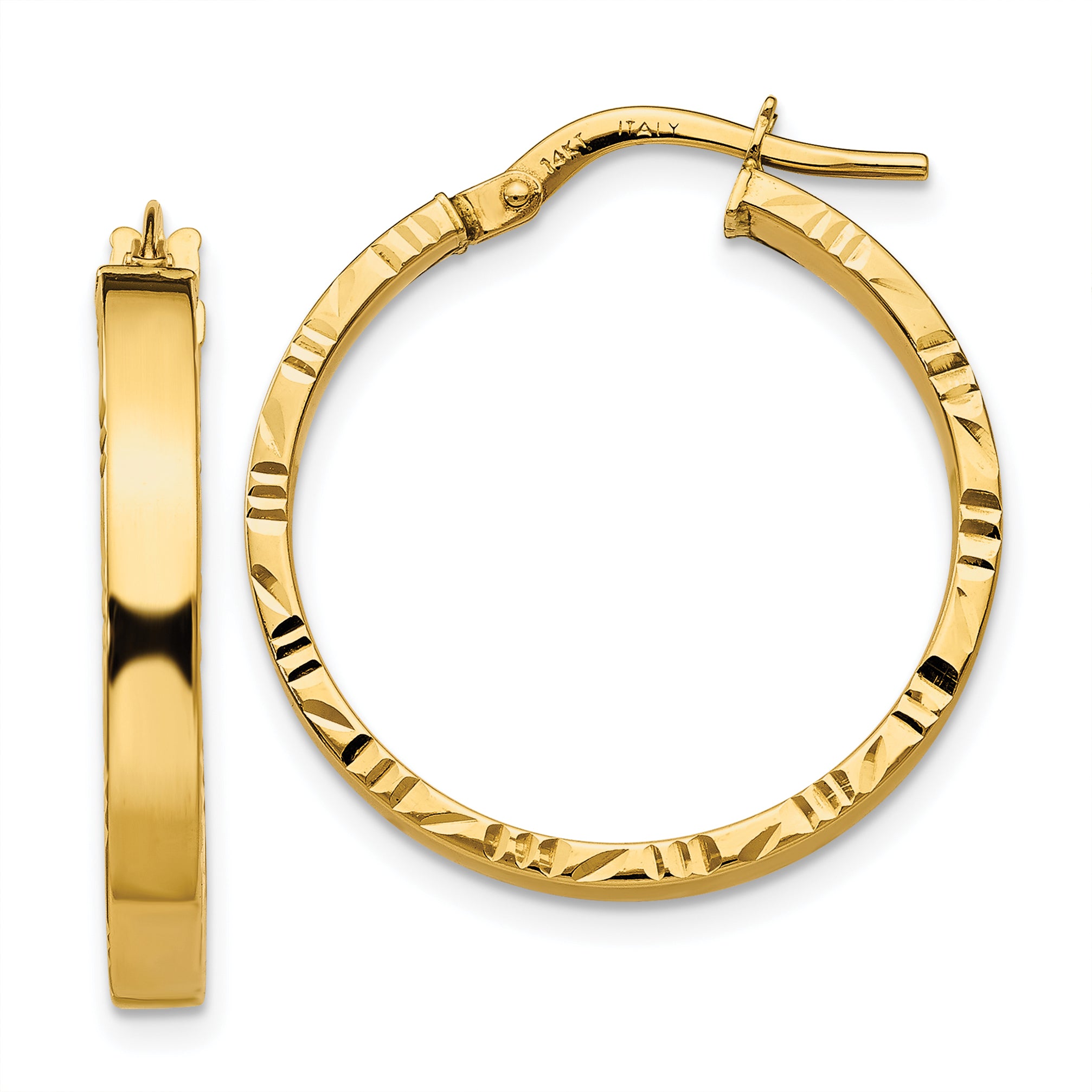 10k Diamond Cut Edge Medium 3mm Polished Hoop Earrings