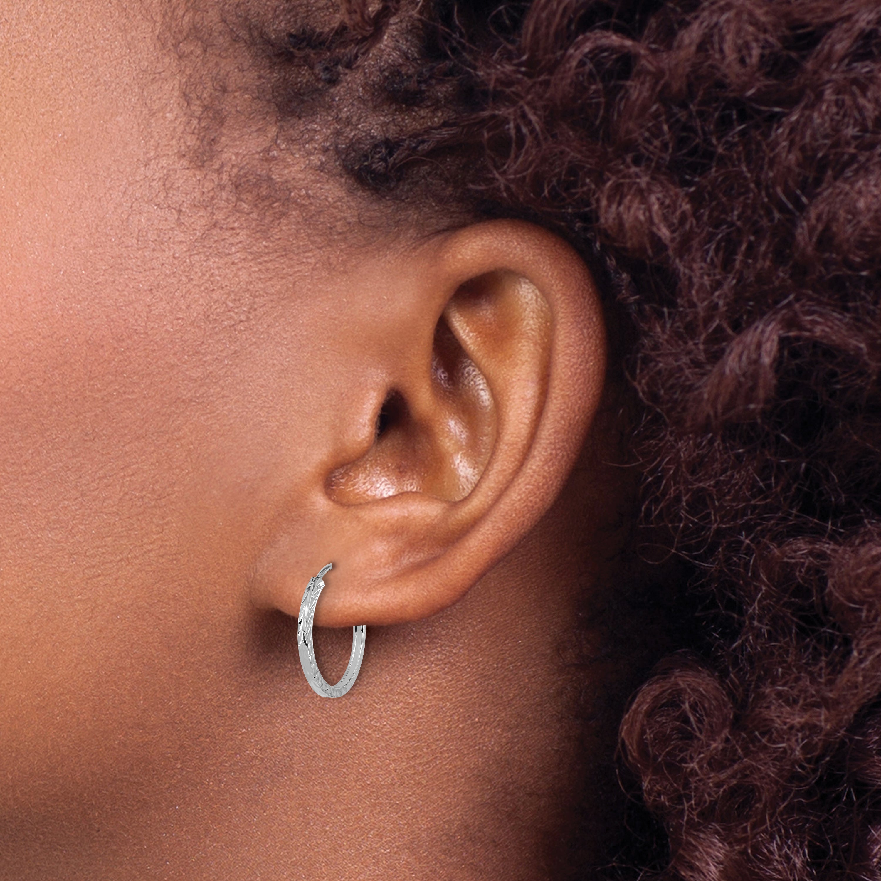 10K White Gold Diamond-cut Square Tube Endless Hoop Earrings