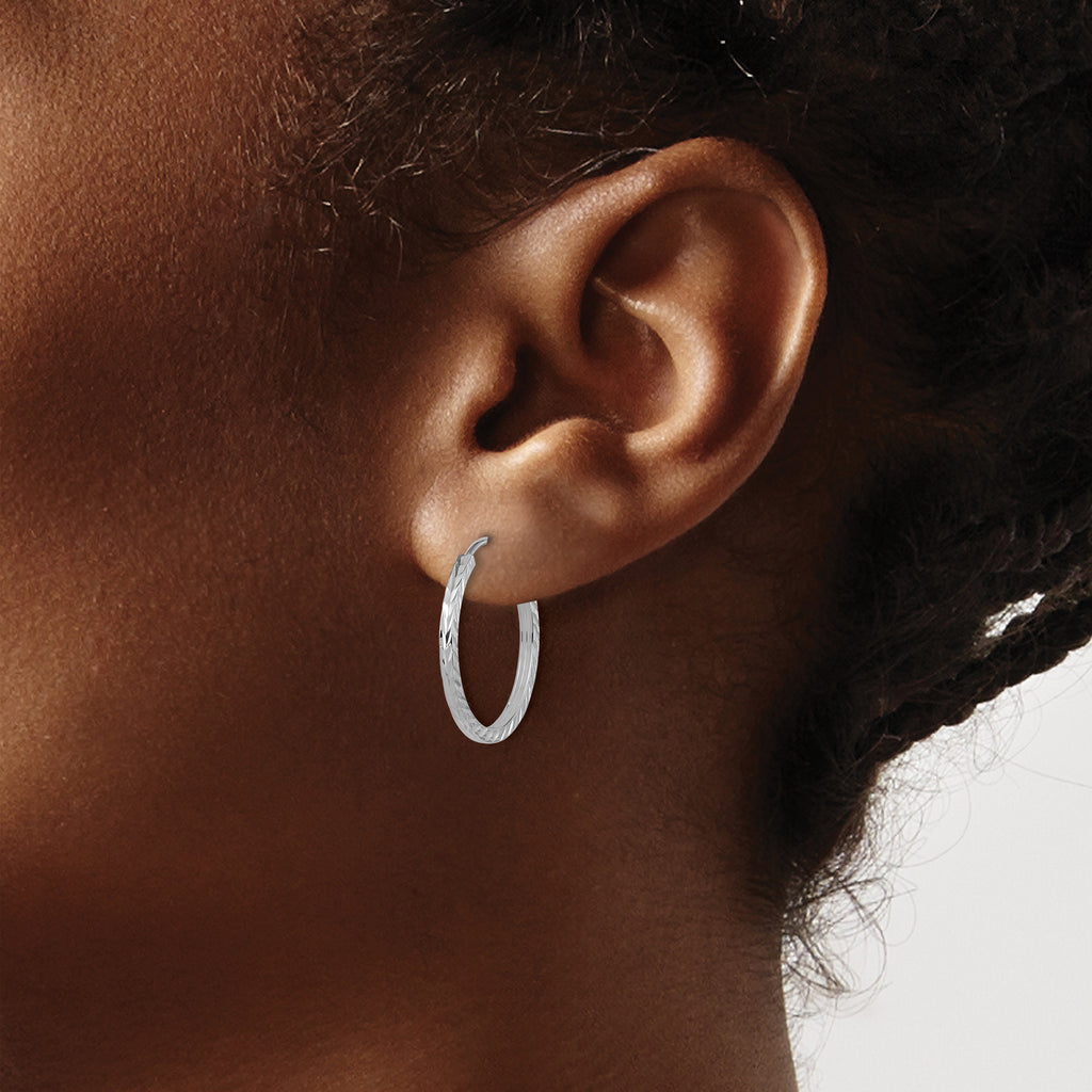 10K White Gold Diamond-cut Square Tube Endless Hoop Earrings