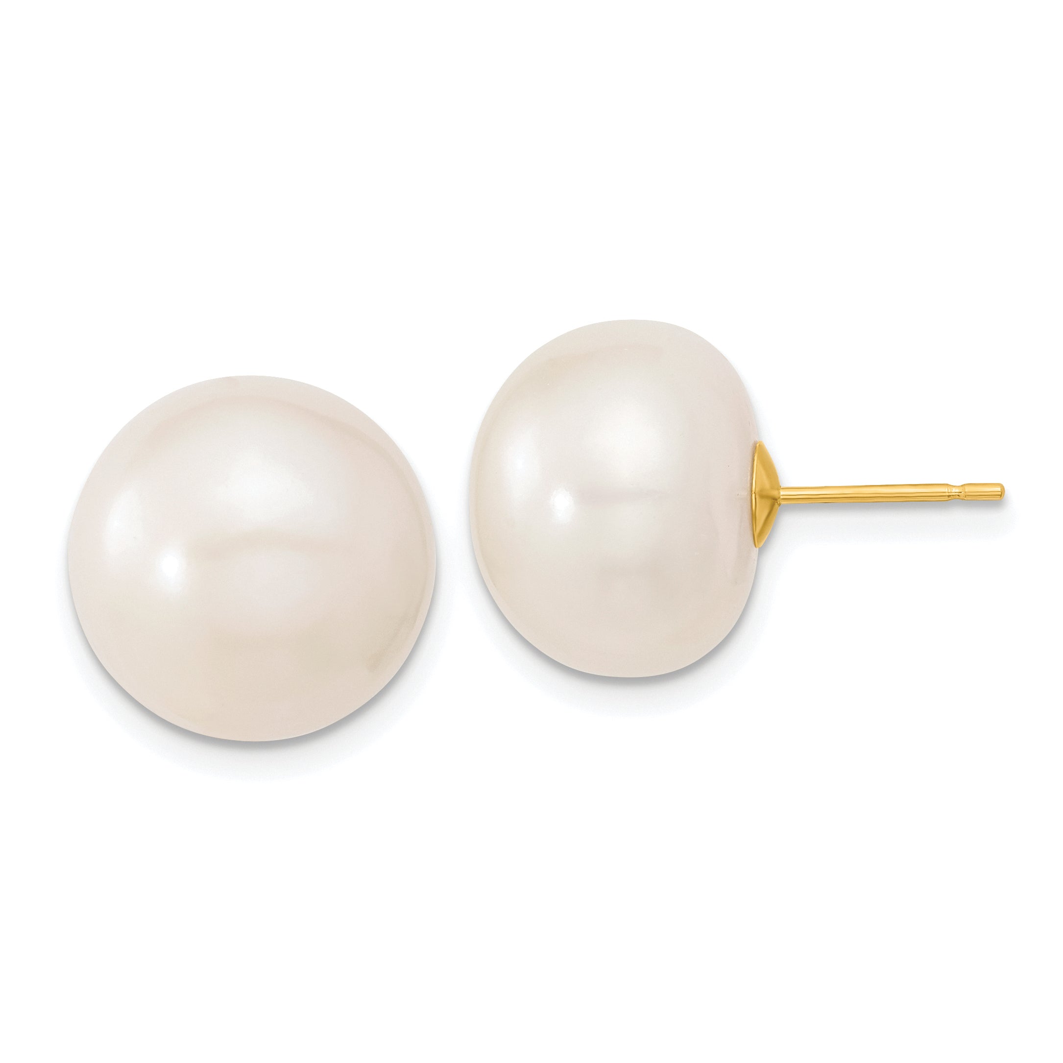 10k 13-14mm White Button Freshwater Cultured Pearl Stud Post Earrings Main image