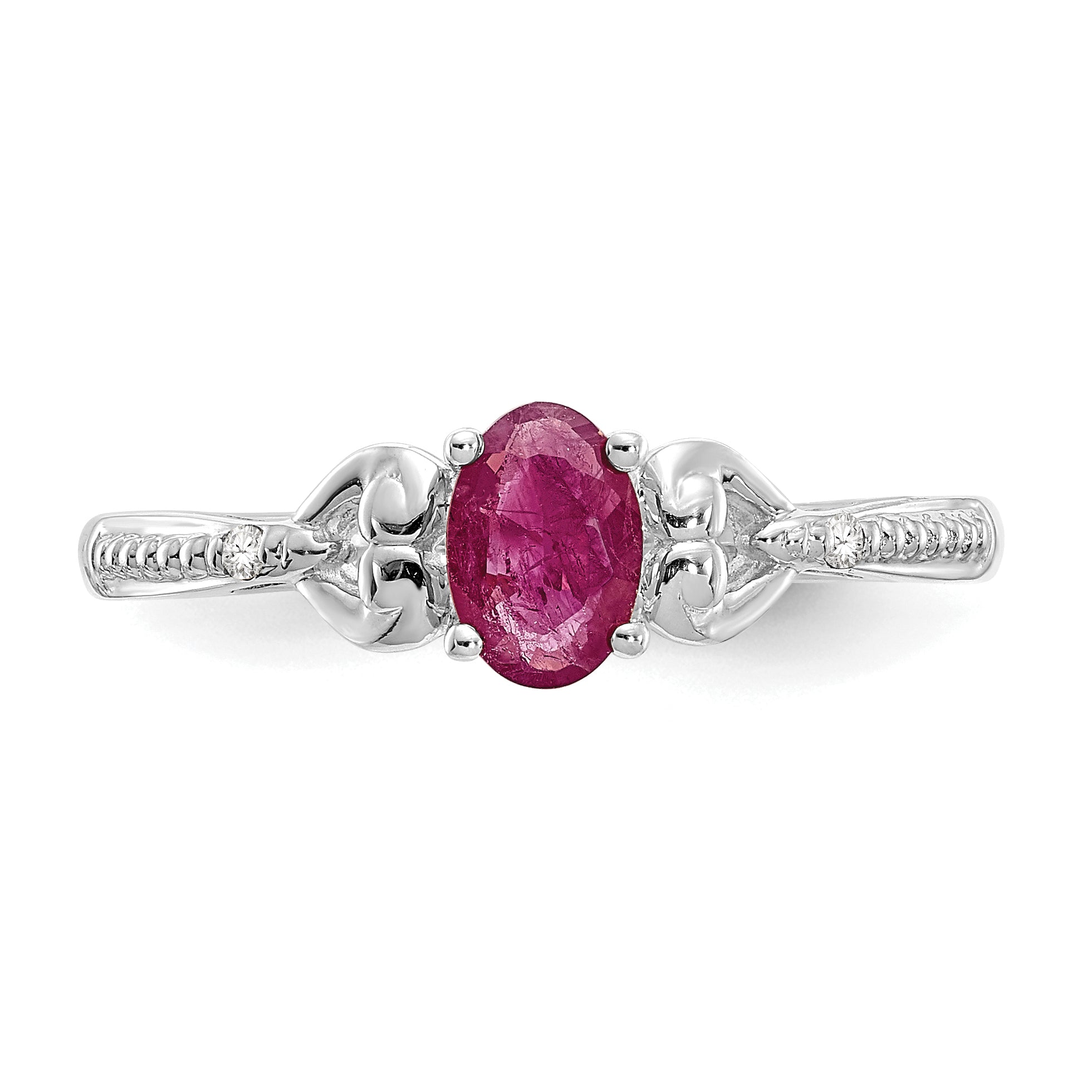 10K White Gold Ruby and Diamond Ring, Rhodium Plated, 2 mm Band